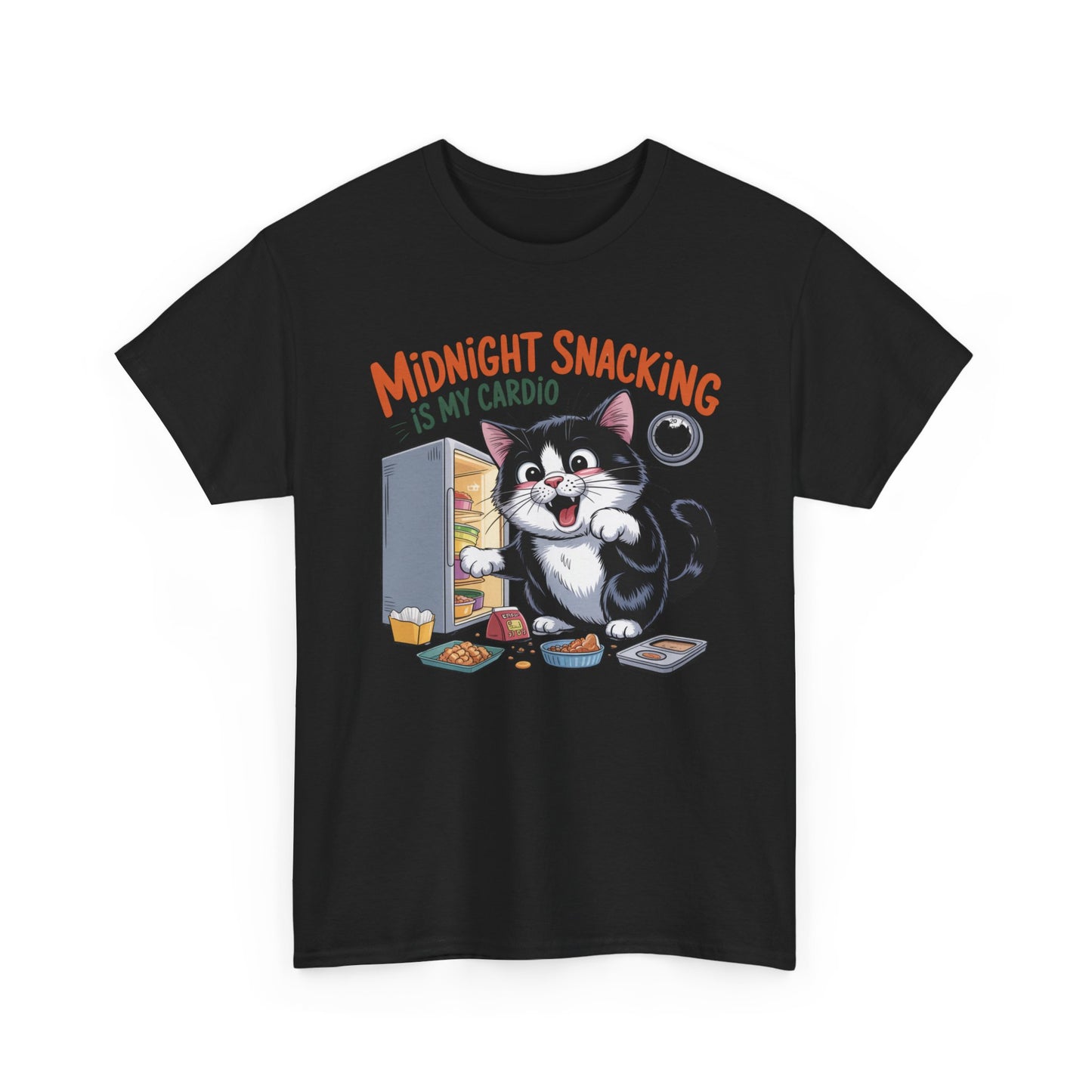 Midnight Snacking Is My Cardio T-Shirt — Funny Cat Graphic Tee, Cute Food Lover Gift - 14865
