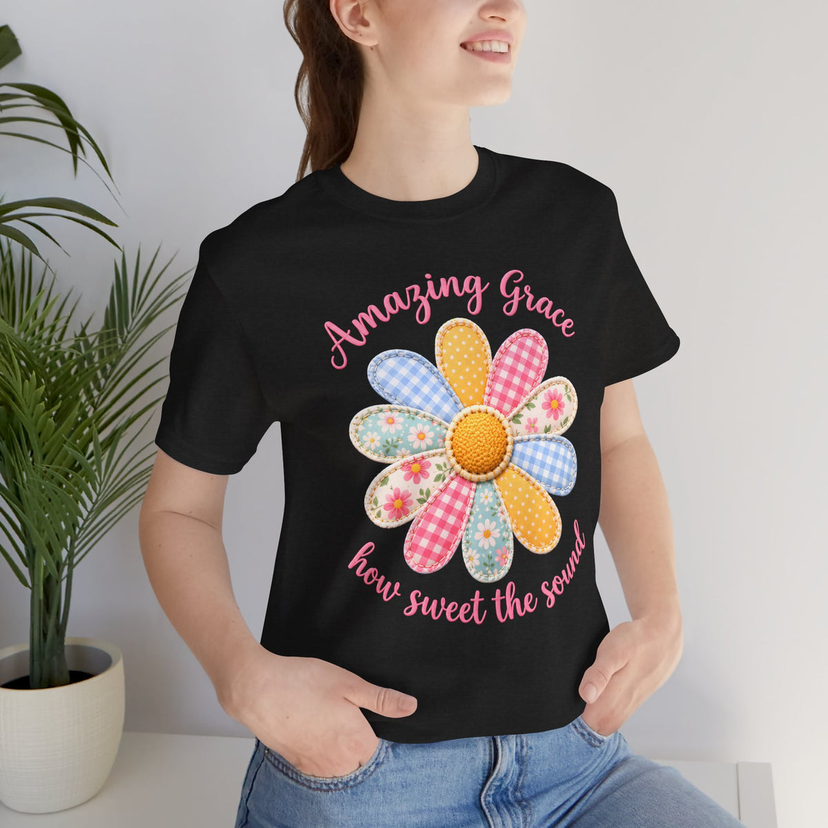 Amazing Grace Daisy T-Shirt, “How Sweet the Sound” Floral Christian Tee - 14992