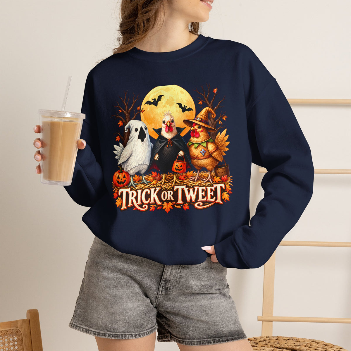 Trick or Tweet Halloween Sweatshirt, Cute Costume Chickens & Ghost Crewneck- 14512