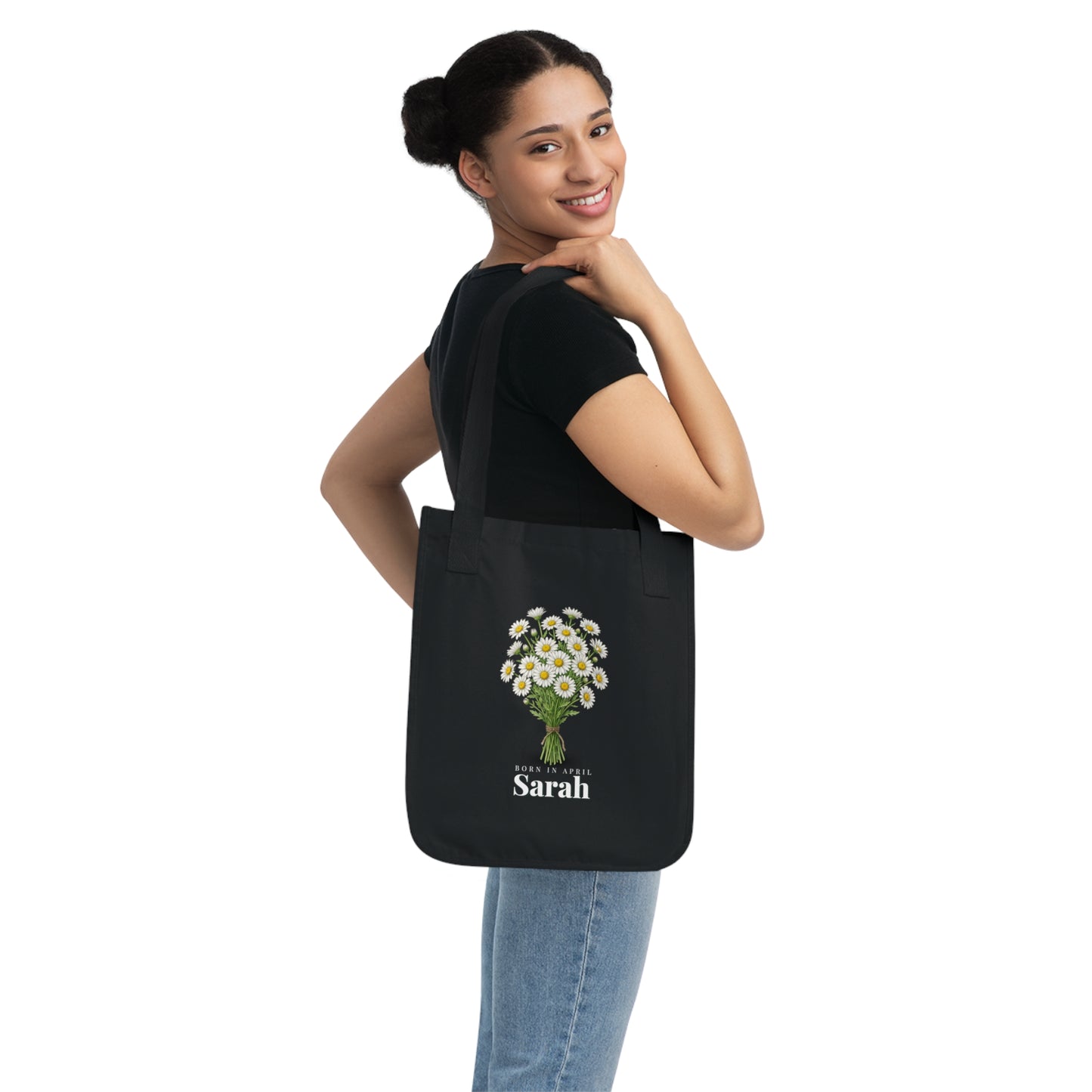 Personalized April Daisy Birth Flower Tote Bag – Custom Name Canvas Tote, Floral Birthday Gift for Her - 14839