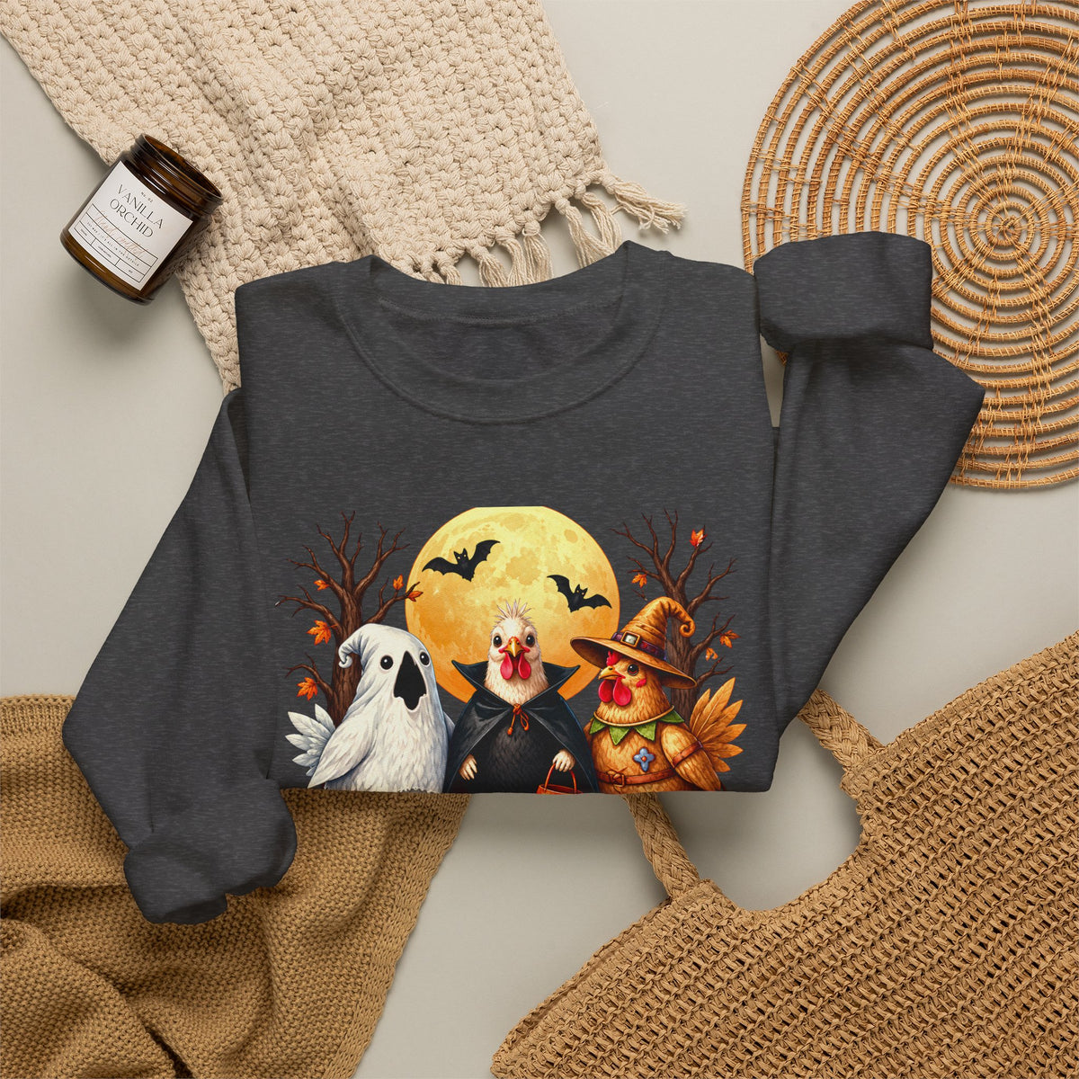 Trick or Tweet Halloween Sweatshirt, Cute Costume Chickens & Ghost Crewneck- 14512