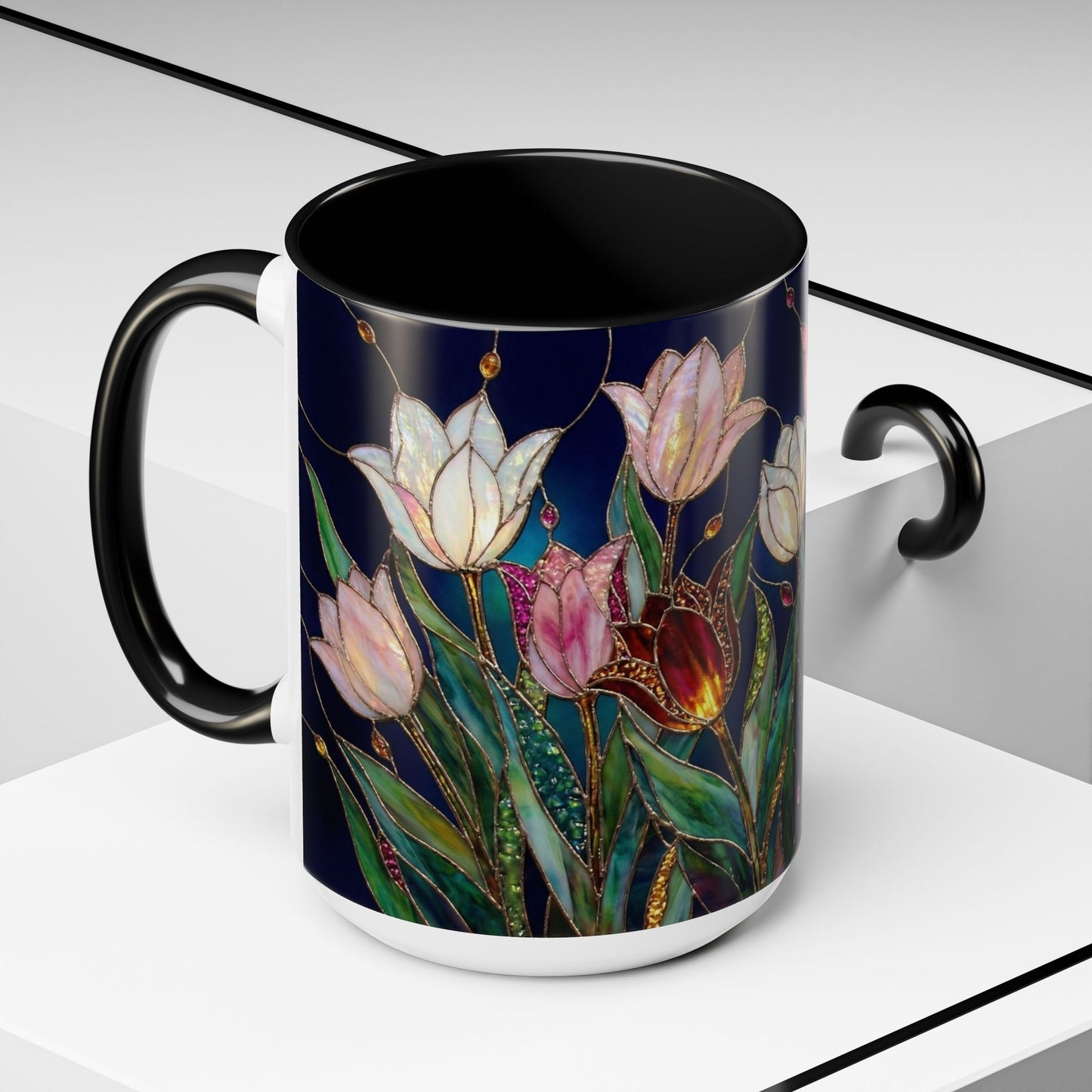 Tulip Floral Art Accent Coffee Mug — Stained Glass Design (11/15oz) - 14592