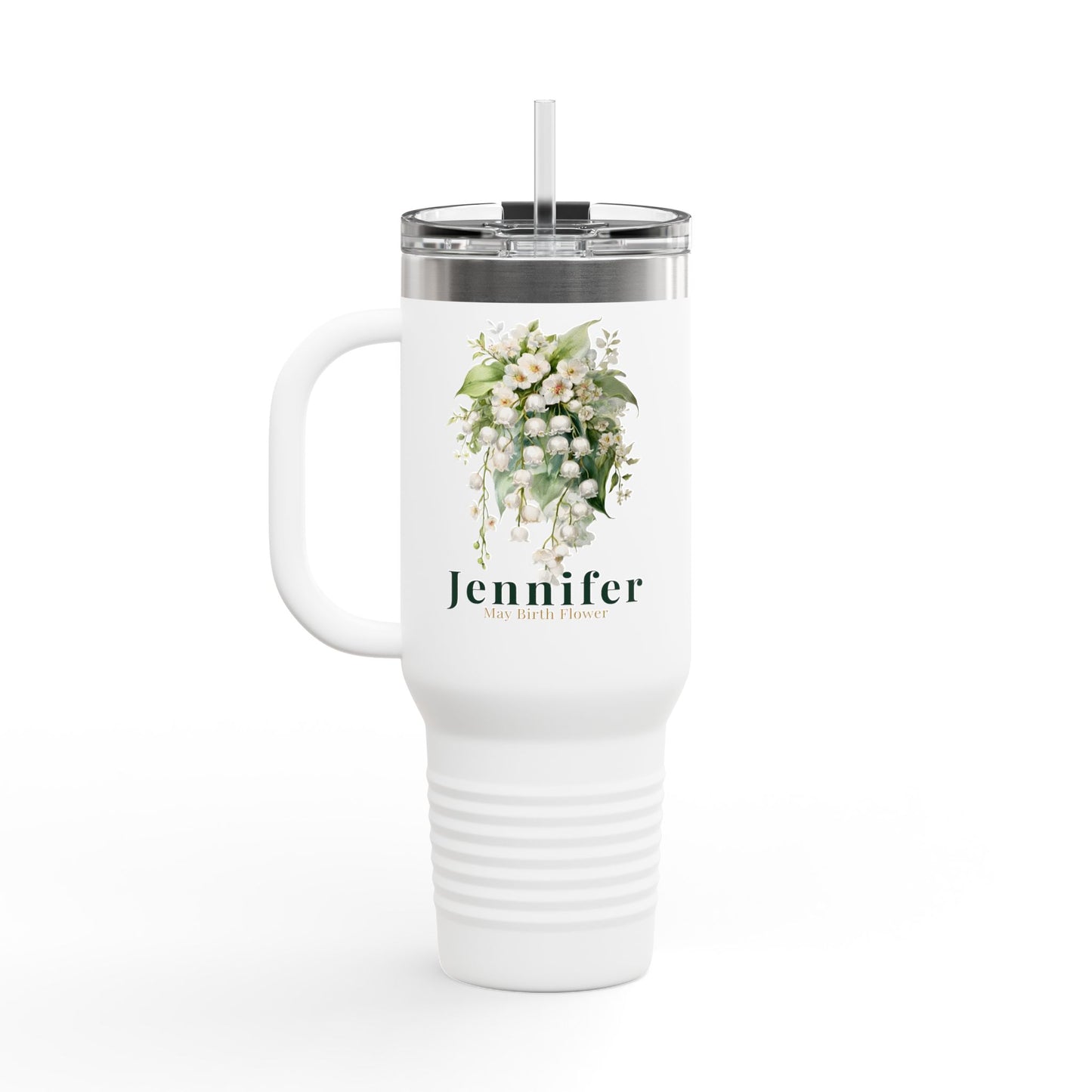 40oz Personalized Travel Mug – May Birth Flower Lily of the Valley Tumbler - 14891