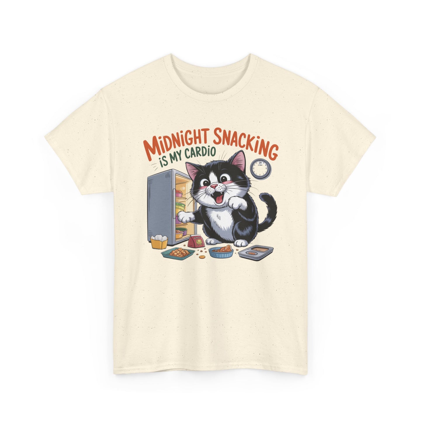Midnight Snacking Is My Cardio T-Shirt — Funny Cat Graphic Tee, Cute Food Lover Gift - 14865