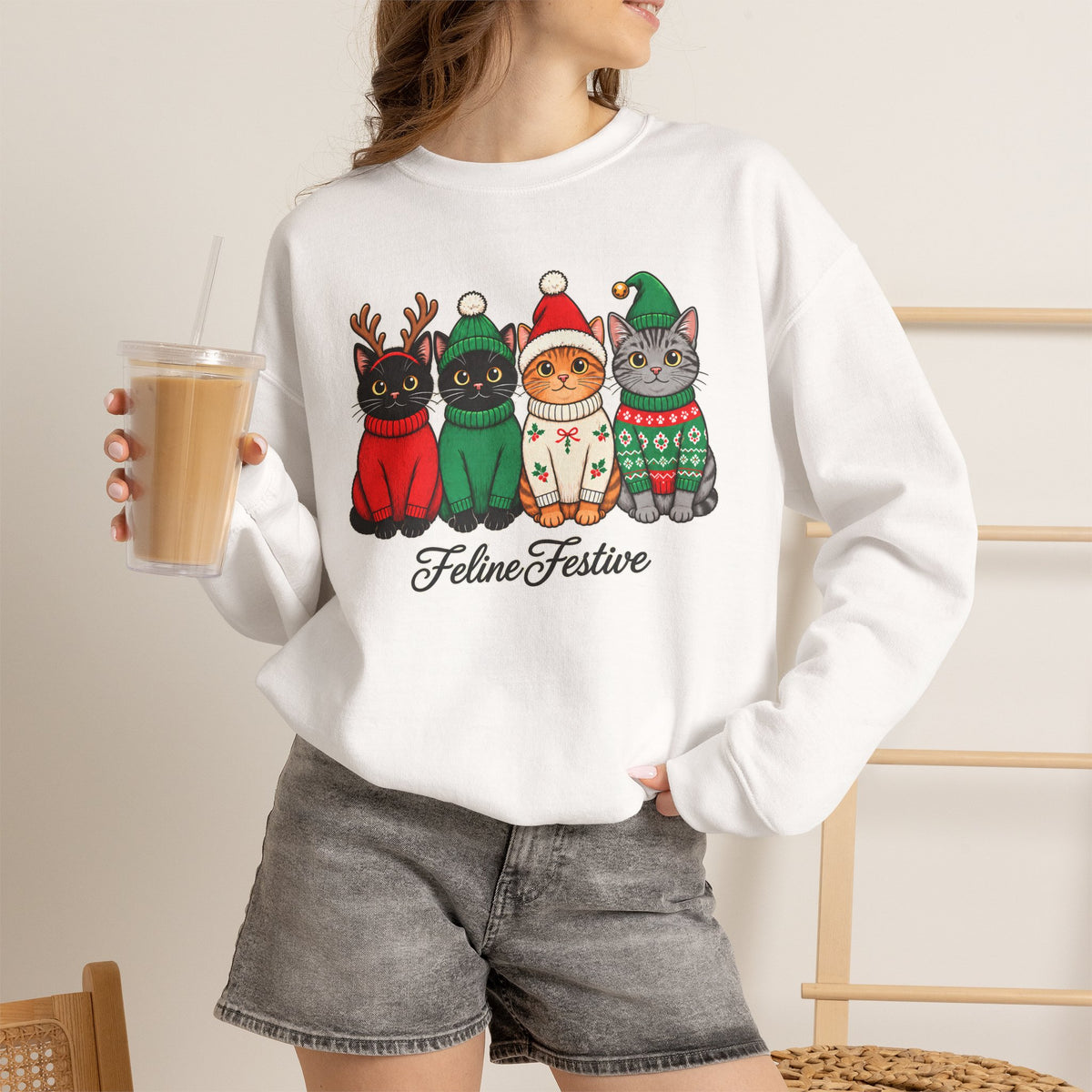 Feline Festive Sweatshirt, Cute Christmas Cats Crewneck - 14564