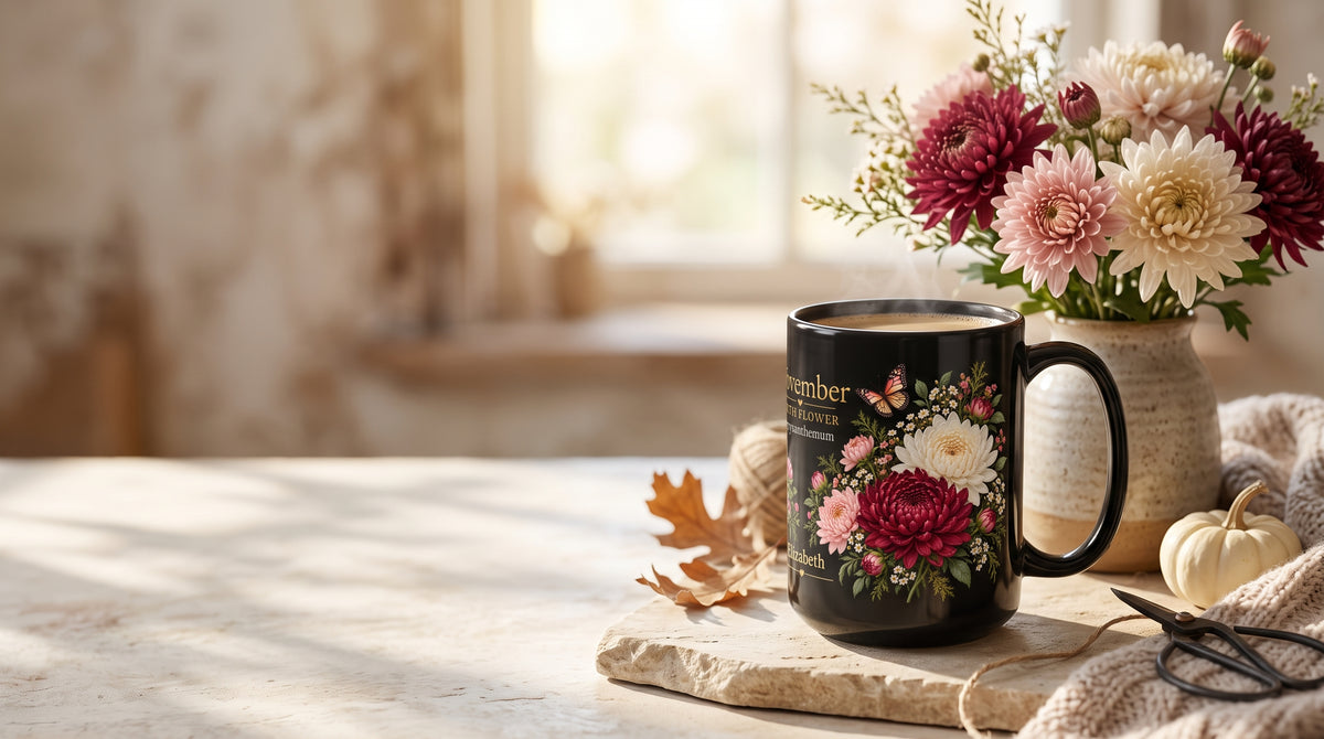 November Chrysanthemum Birth Flower Mug, Personalized Black Floral Mug - 14546