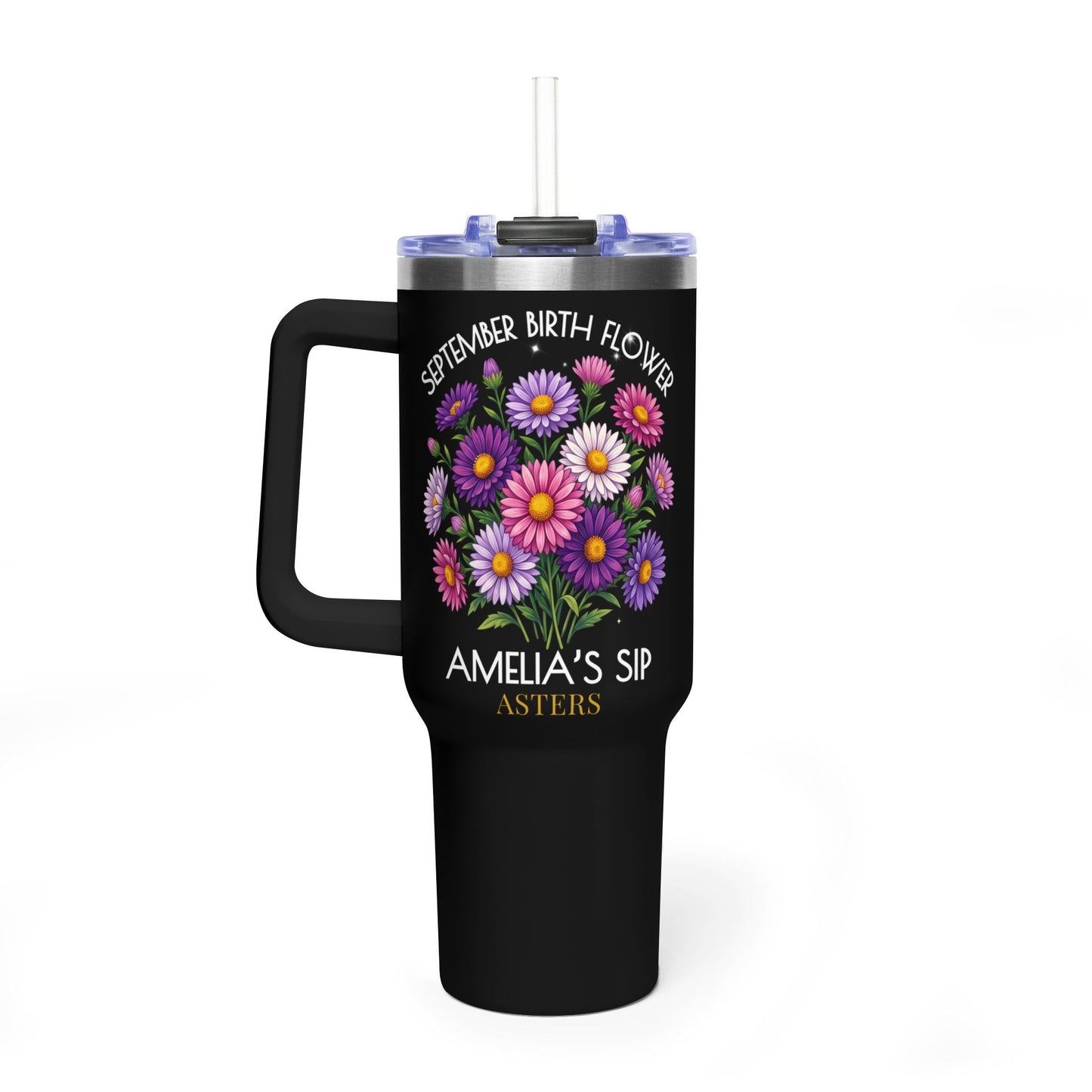 Personalized September Birth Flower 40oz Tumbler, “Amelia’s Sip” Aster Travel Mug - 14930
