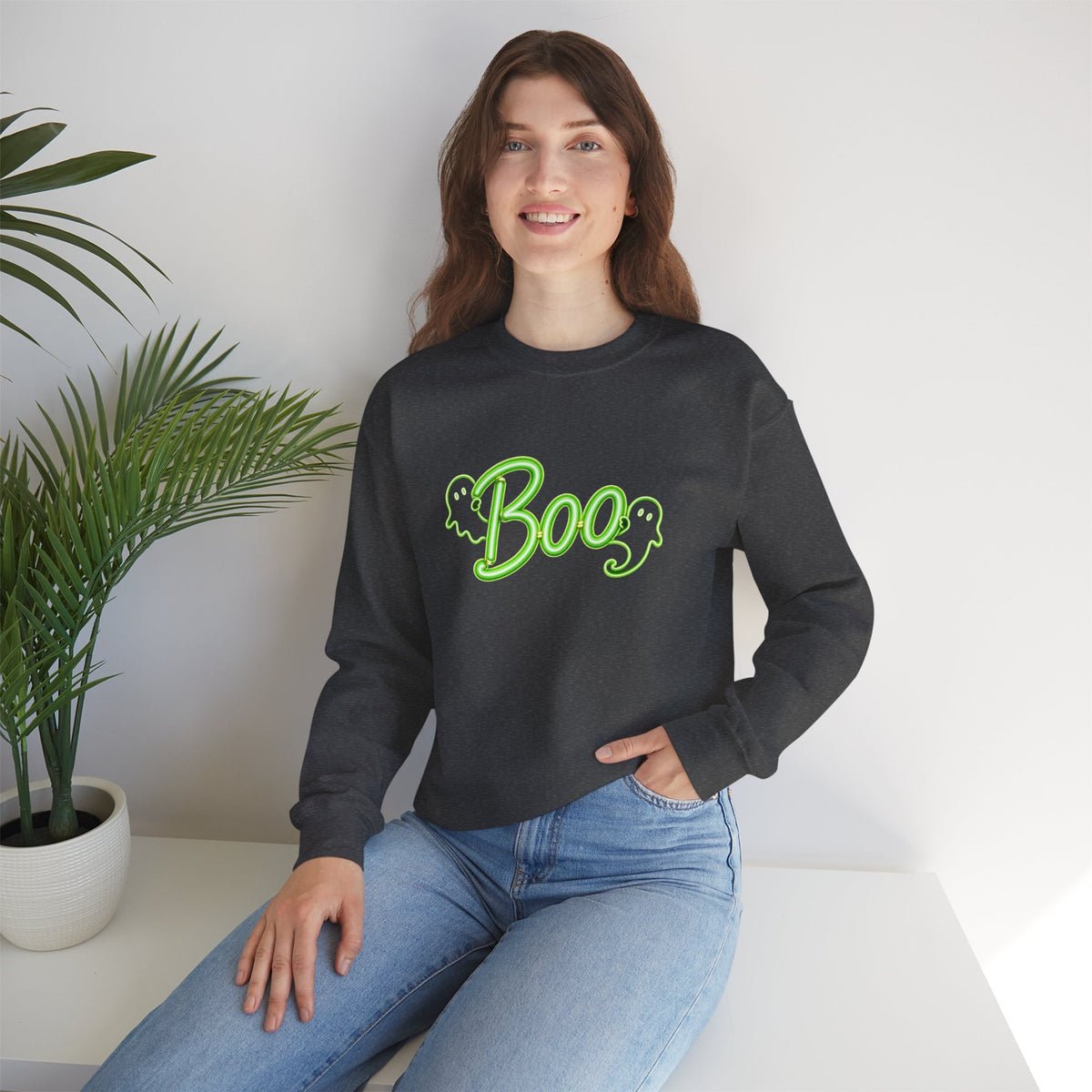 Neon Boo Halloween Sweatshirt, Cute Ghost Crewneck - 14517