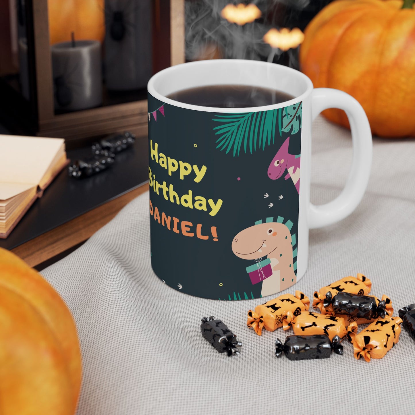 Happy Birthday, Dinosaur Lover, Photo & Name Customizable - Ceramic Mug, (11oz, 15oz) - 11238