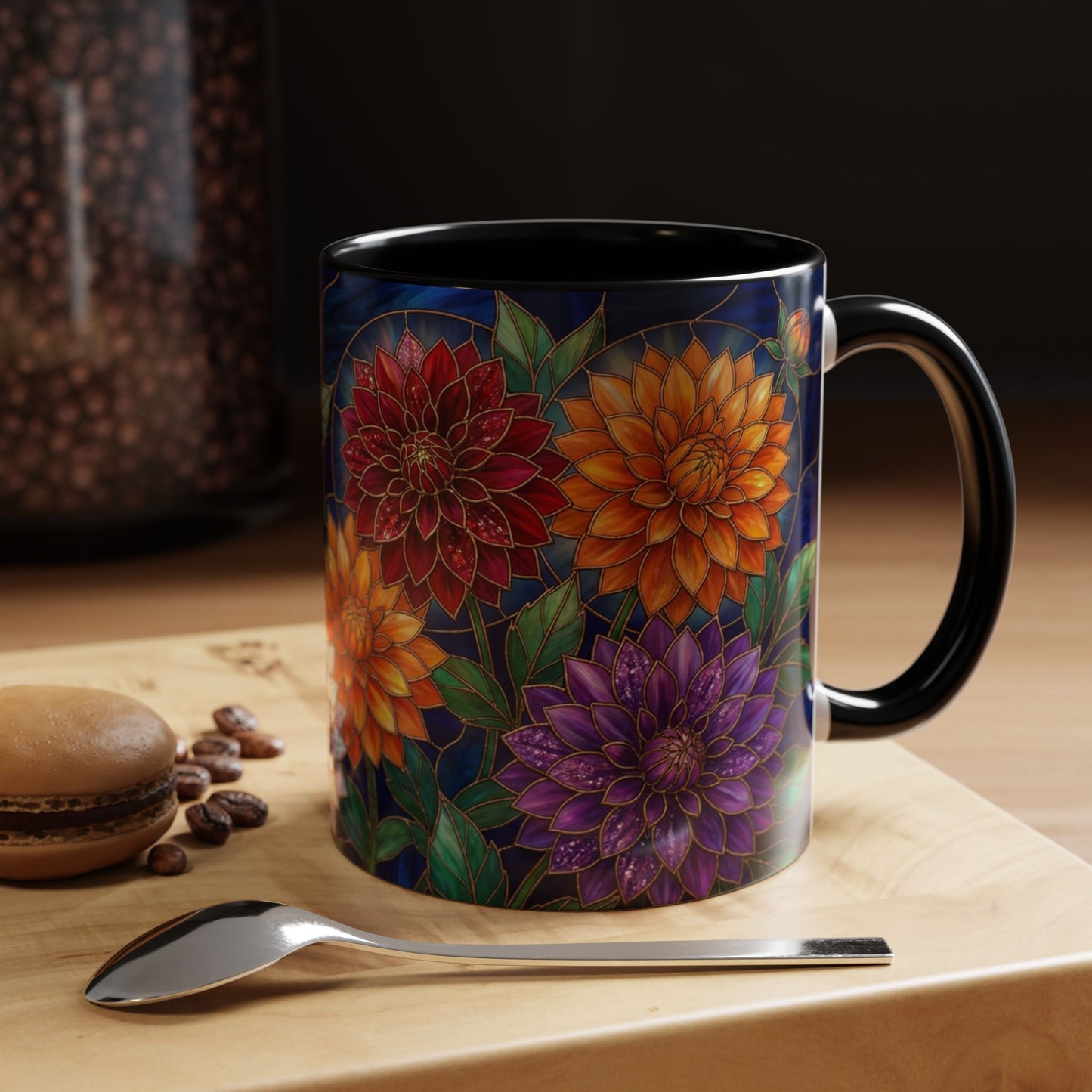 Dahlia Floral Accent Coffee Mug — Stained-Glass  Design (11/15oz) - 14562
