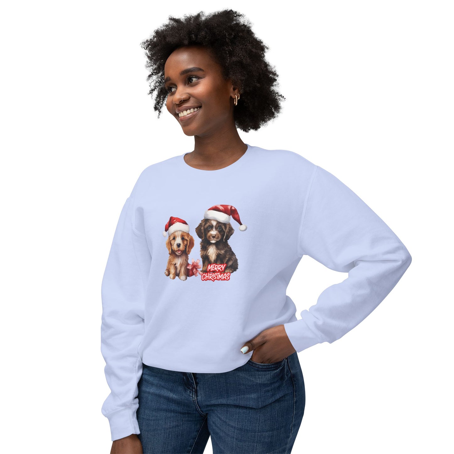 Two Puppies, Merry Christmas - Unisex Lightweight Crewneck Sweatshirt - 10269