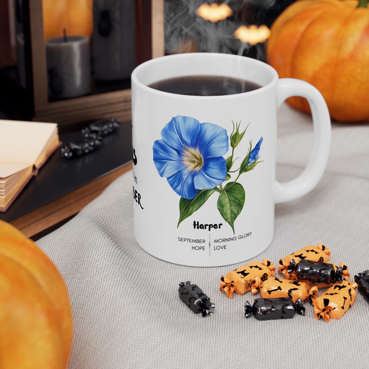 Happy Birthday: Queens Are Born In September, Morning Glory Flower, Customizable - Ceramic Mug, (11oz, 15oz)