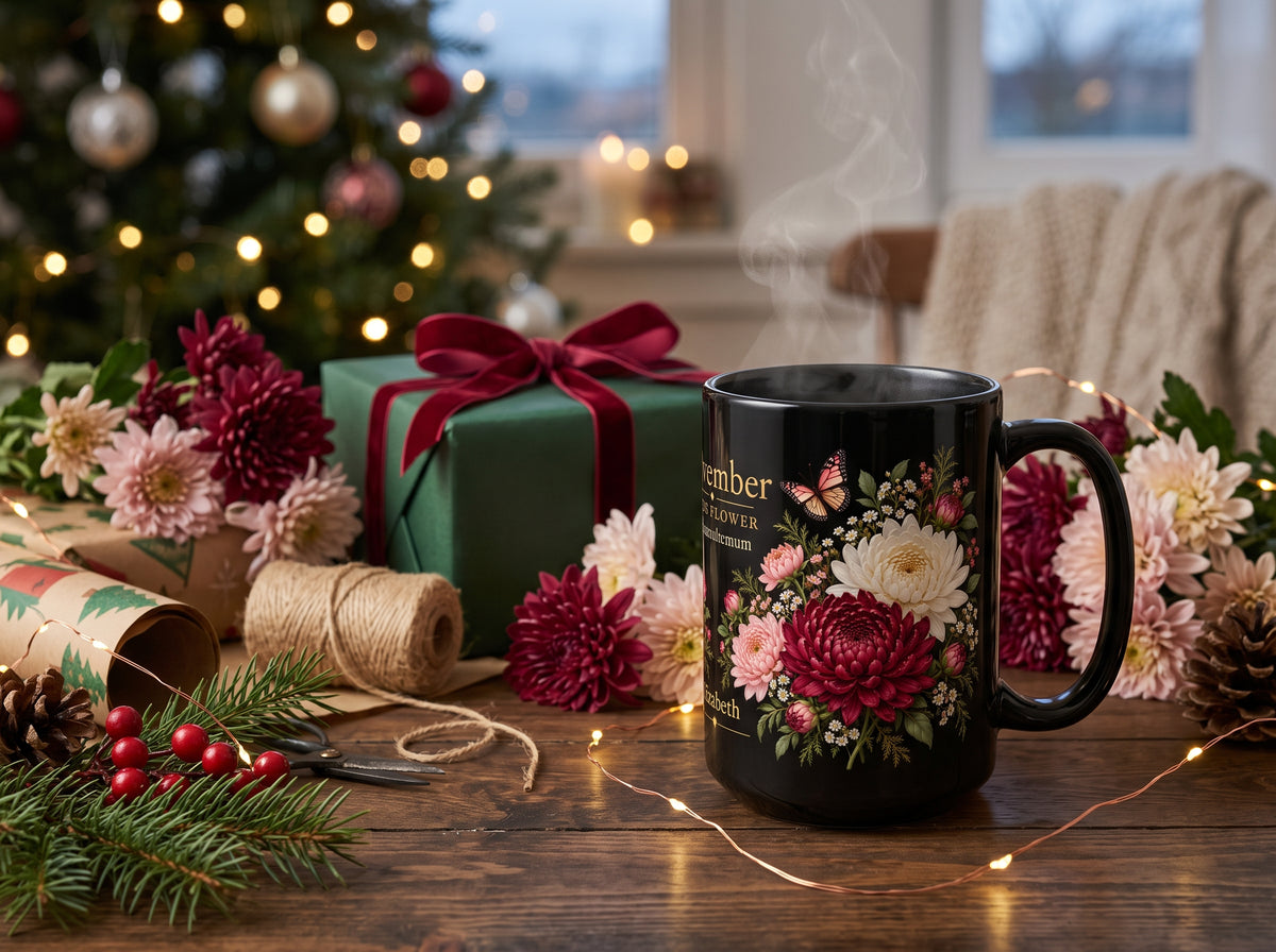 November Chrysanthemum Birth Flower Mug, Personalized Black Floral Mug - 14546
