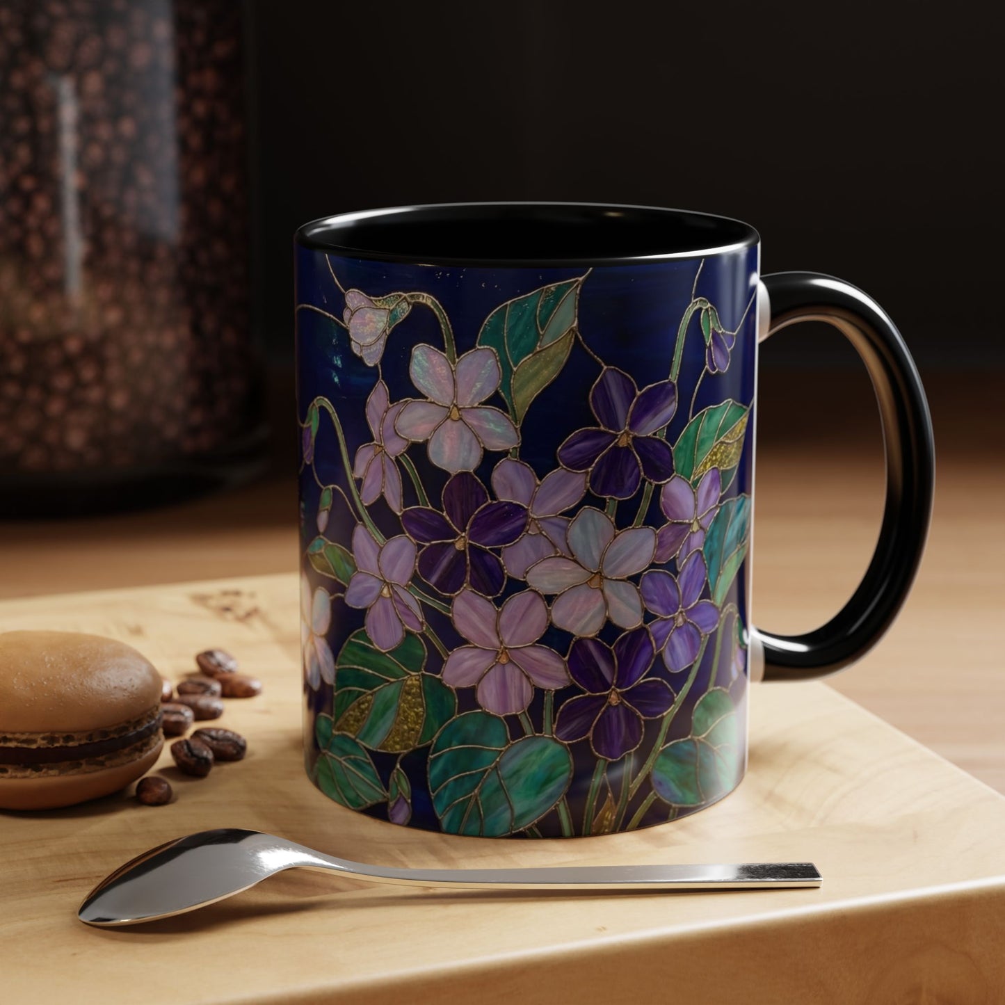 Violet Floral Accent Coffee Mug — Stained Glass Design (11/15oz) - 14588