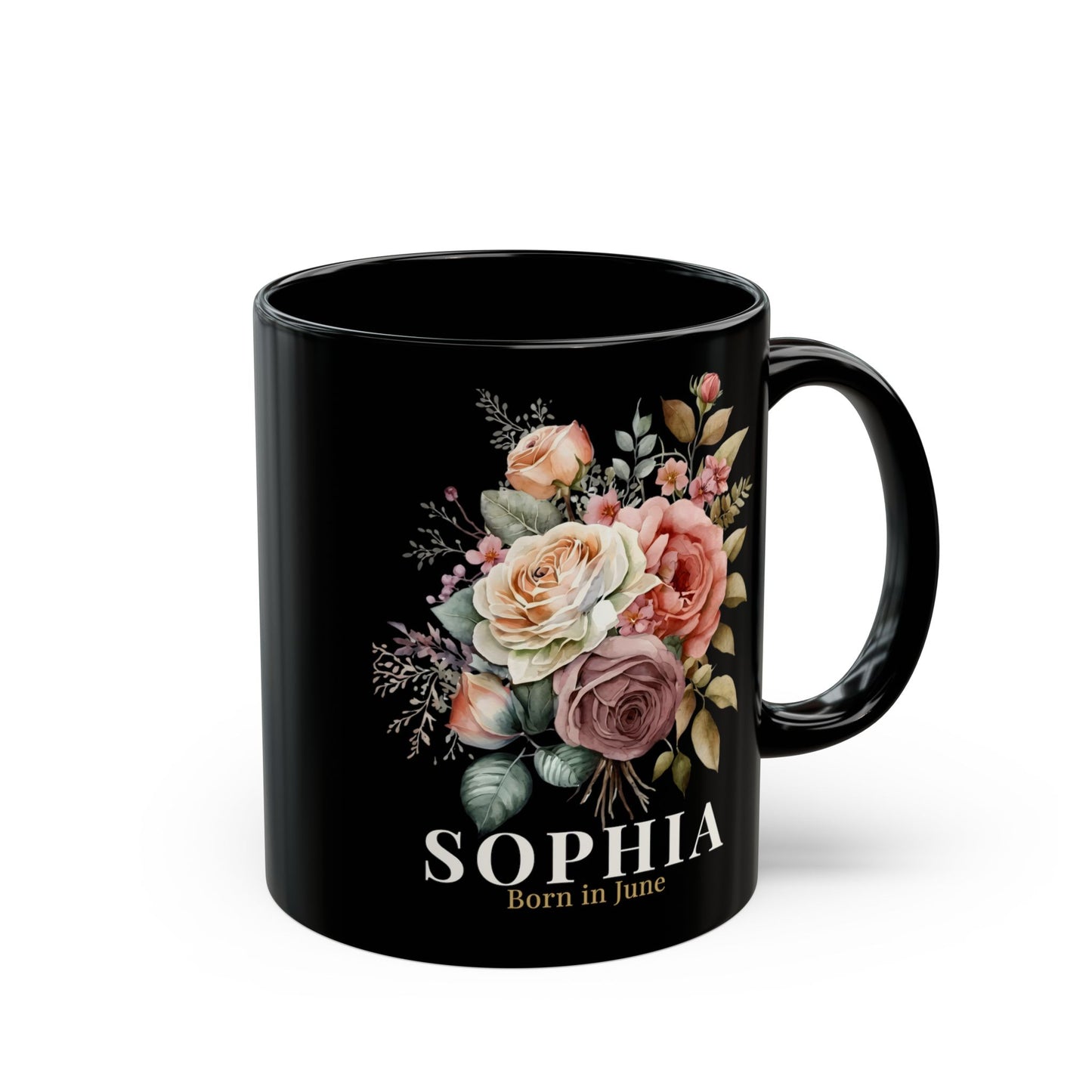 Custom Born in June Mug – Personalized June Birthday Floral Rose Coffee Cup, Black Ceramic Mug 11oz 15oz - 14894