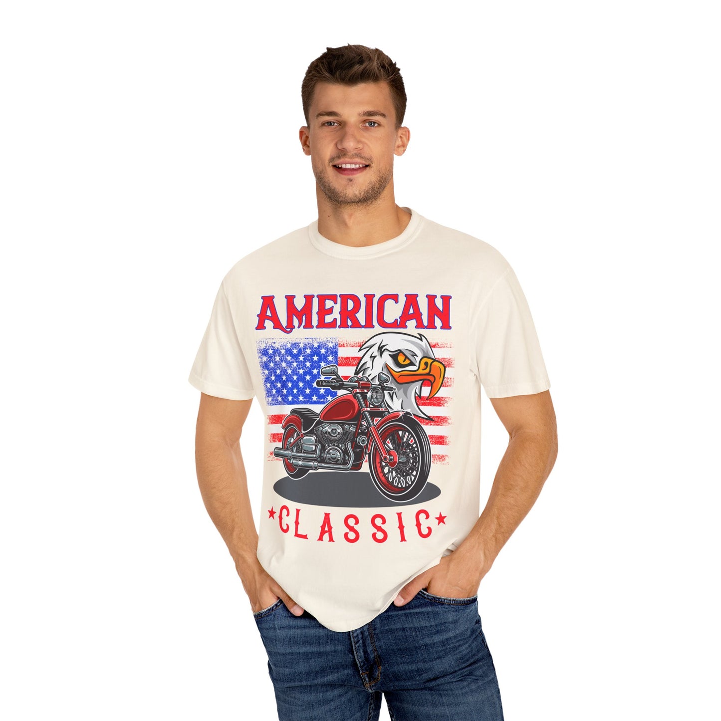 American Classic Tee, Unisex Garment-Dyed T-shirt, Biker Gift, Patriotic Apparel, Rider and Eagle Fashion, Vintage Style - 13658