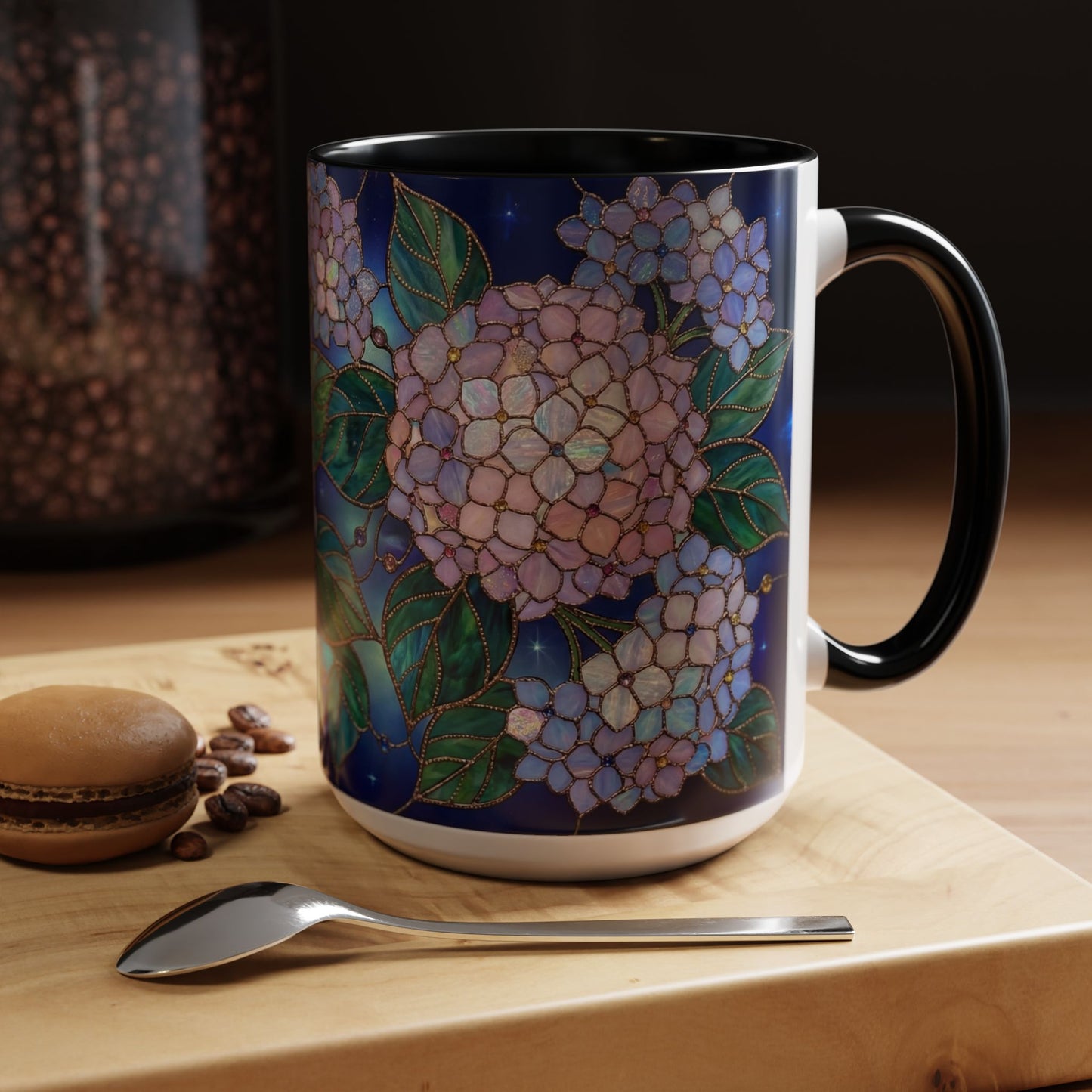 Hydrangea Floral Accent Coffee Mug — Stained Glass Design (11/15 oz) - 14571
