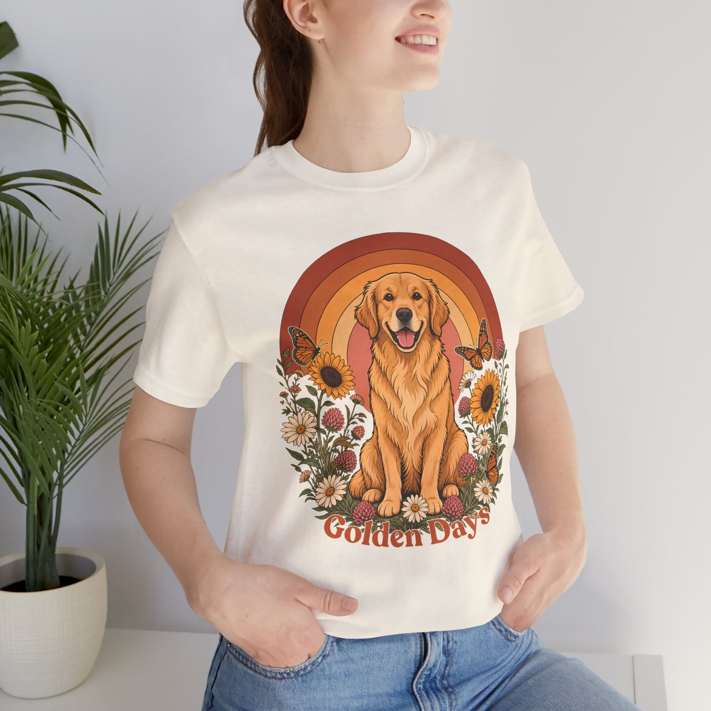 Golden Days Golden Retriever T-Shirt,  Retro Sunset Floral Dog Tee - 14969