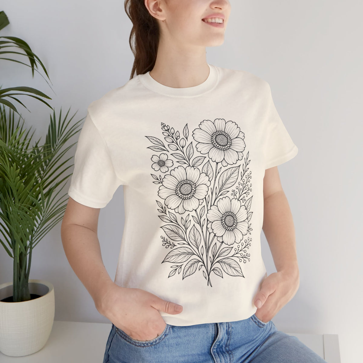 Vintage Floral Line Art T-Shirt, Botanical Wildflower Tee - 14561