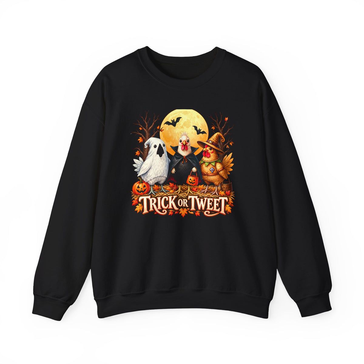 Trick or Tweet Halloween Sweatshirt, Cute Costume Chickens & Ghost Crewneck- 14512