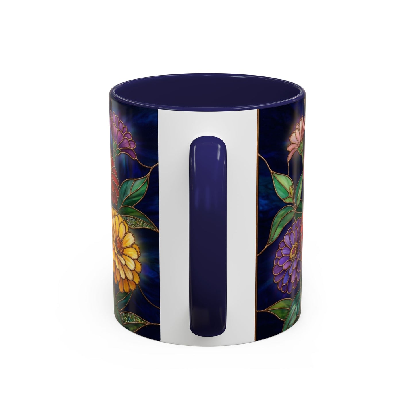 Zinnias Floral Accent Coffee Mug — Stained Glass Design 11/15oz - 14591