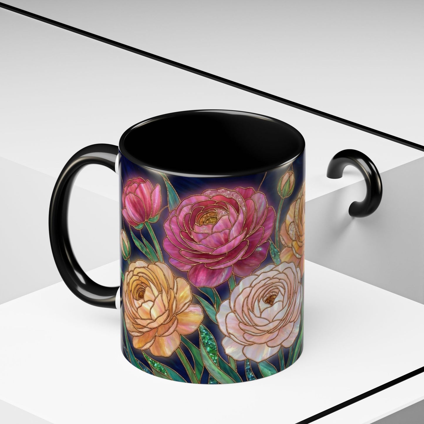 Ranunculus Floral Accent Coffee Mug — Stained Glass Design (11/15oz) - 14584