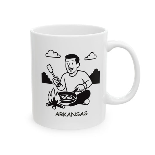 "In Arkansas, we don’t need a fancy restaurant; we just need a campfire and a skillet." Ceramic Mug - 13328