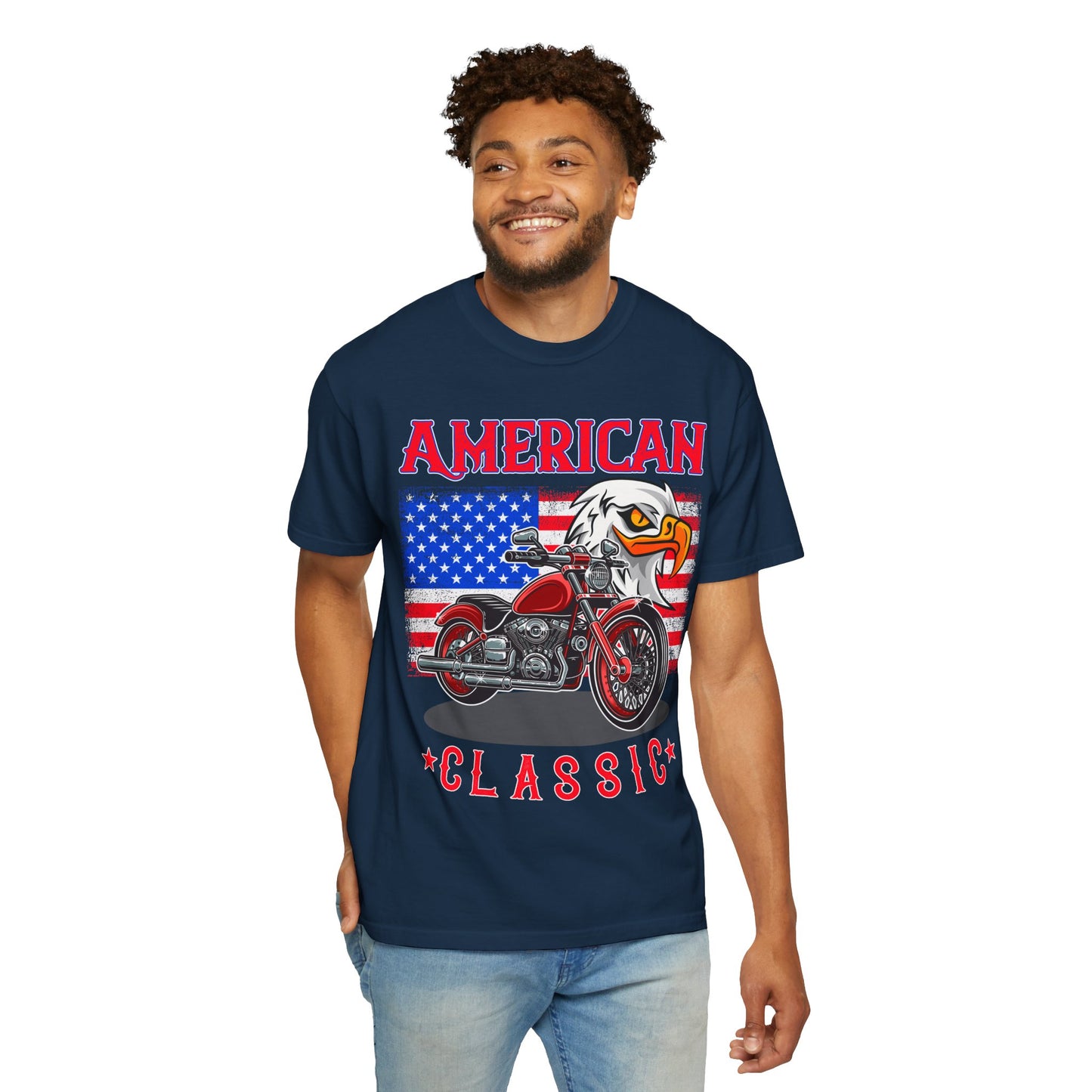 American Classic Tee, Unisex Garment-Dyed T-shirt, Biker Gift, Patriotic Apparel, Rider and Eagle Fashion, Vintage Style - 13658