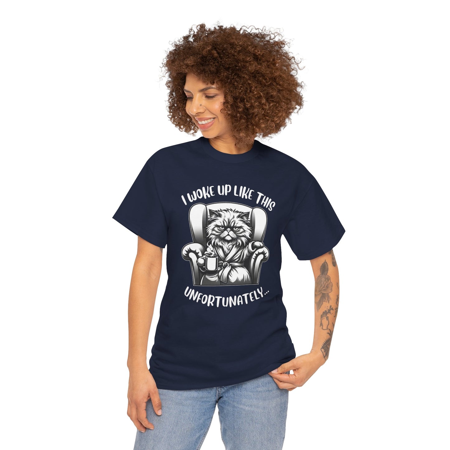 Funny Grumpy Cat T-Shirt – “I Woke Up Like This… Unfortunately” Graphic Tee- 14843