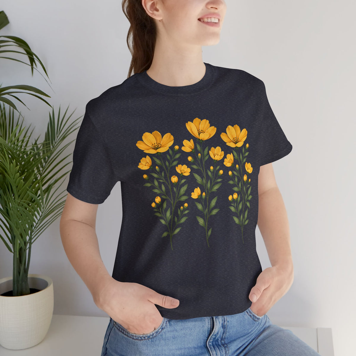 Golden Yellow Wildflower T-Shirt, Vintage Botanical Floral Tee - 14544