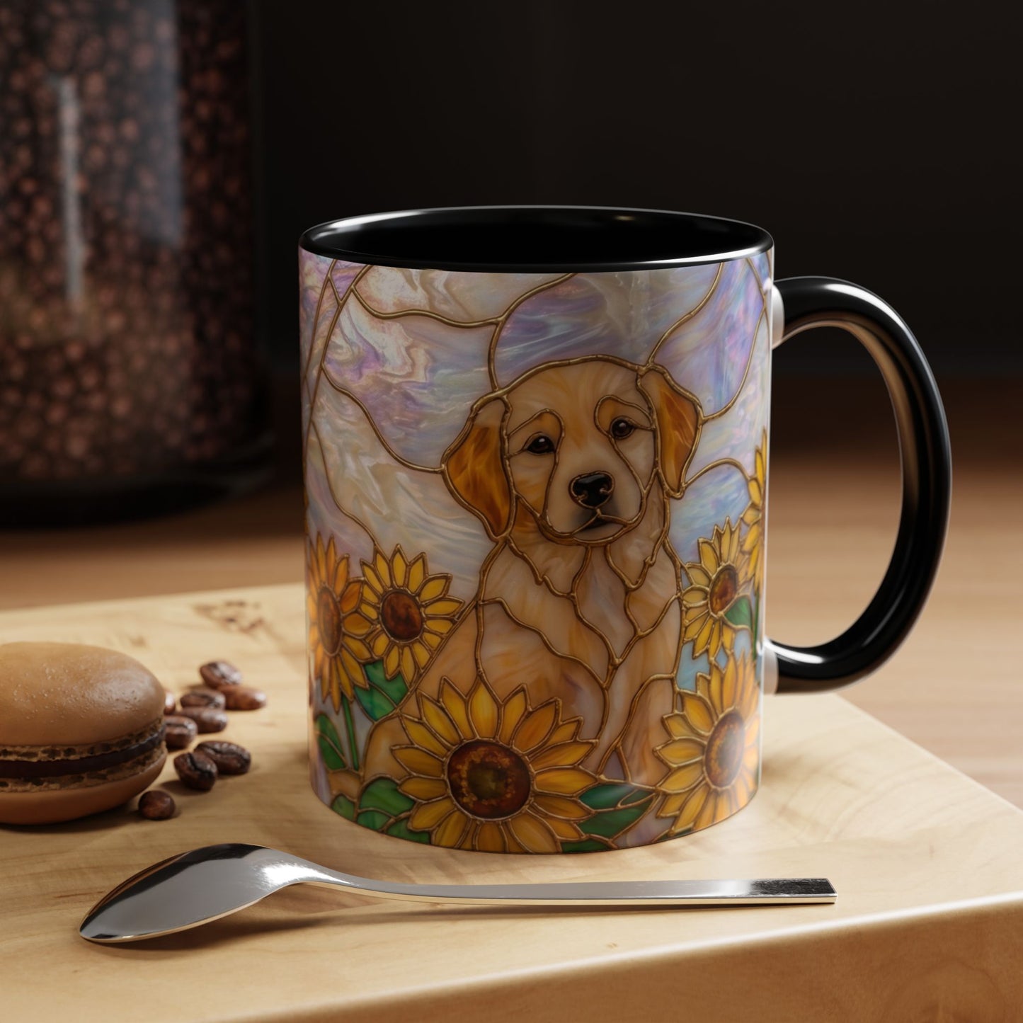 Sunflower Golden Retriever P uppiesAccent Coffee Mug –  Stained Glass Design (11/15 oz) - 14527
