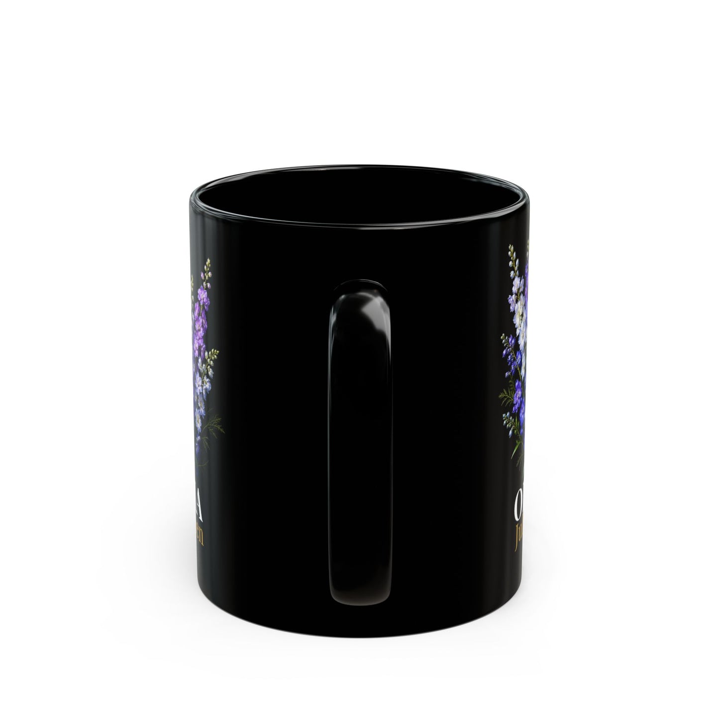 Personalized July Birth Flower Mug – Custom Name Larkspur Floral Coffee Cup, July Queen Gift for Her, Black Mug 11oz 15oz - 14907
