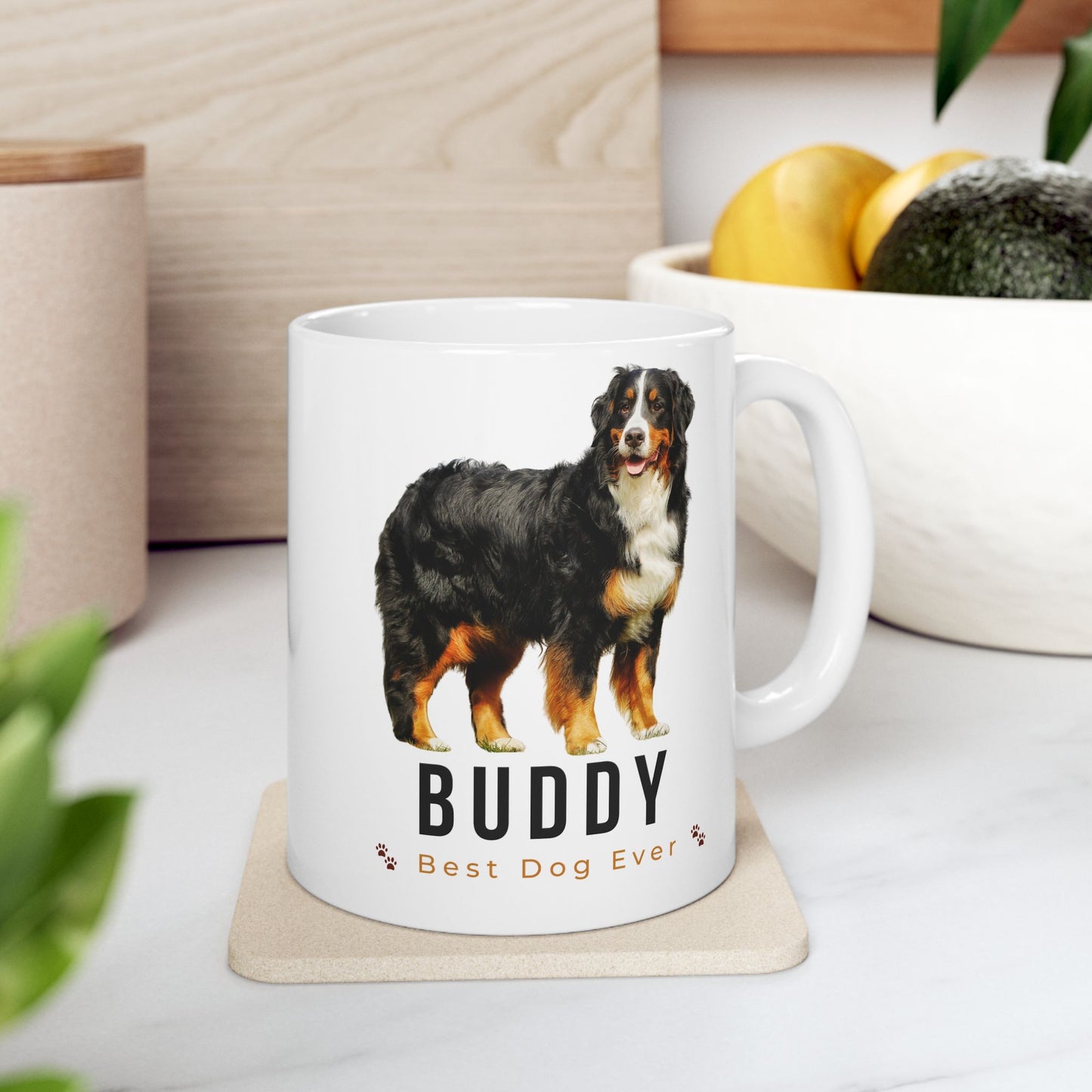 Personalized Bernese Mountain Dog Mug – Custom Dog Name “Best Dog Ever” Paw Print Coffee Cup Gift (11oz, 15oz) - 14836