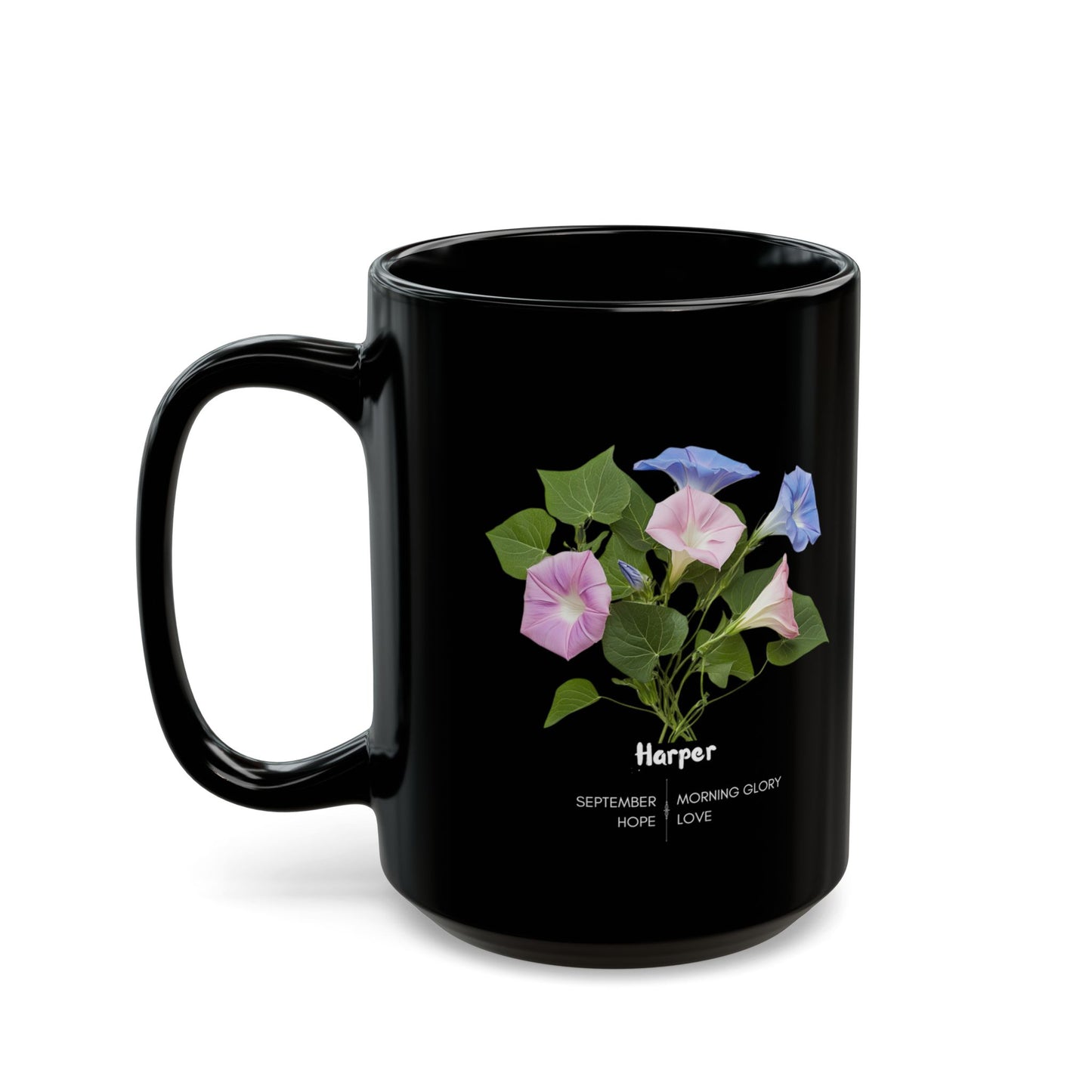 The Happy Birthday: September Born, Morning Glory Flower, Customizable - Black Mug (11oz, 15oz)