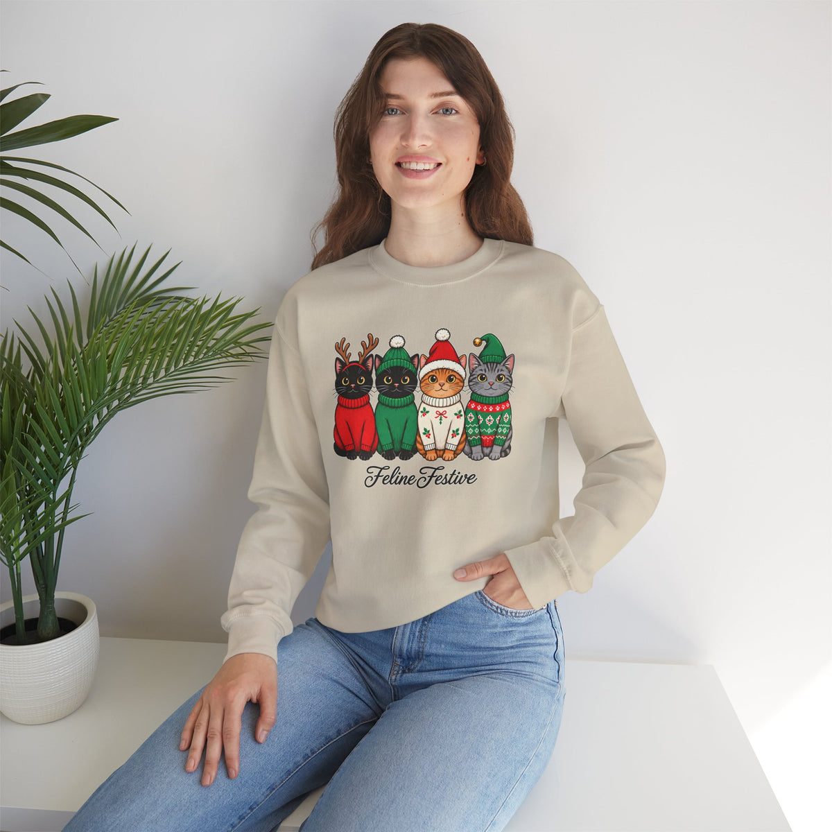 Feline Festive Sweatshirt, Cute Christmas Cats Crewneck - 14564