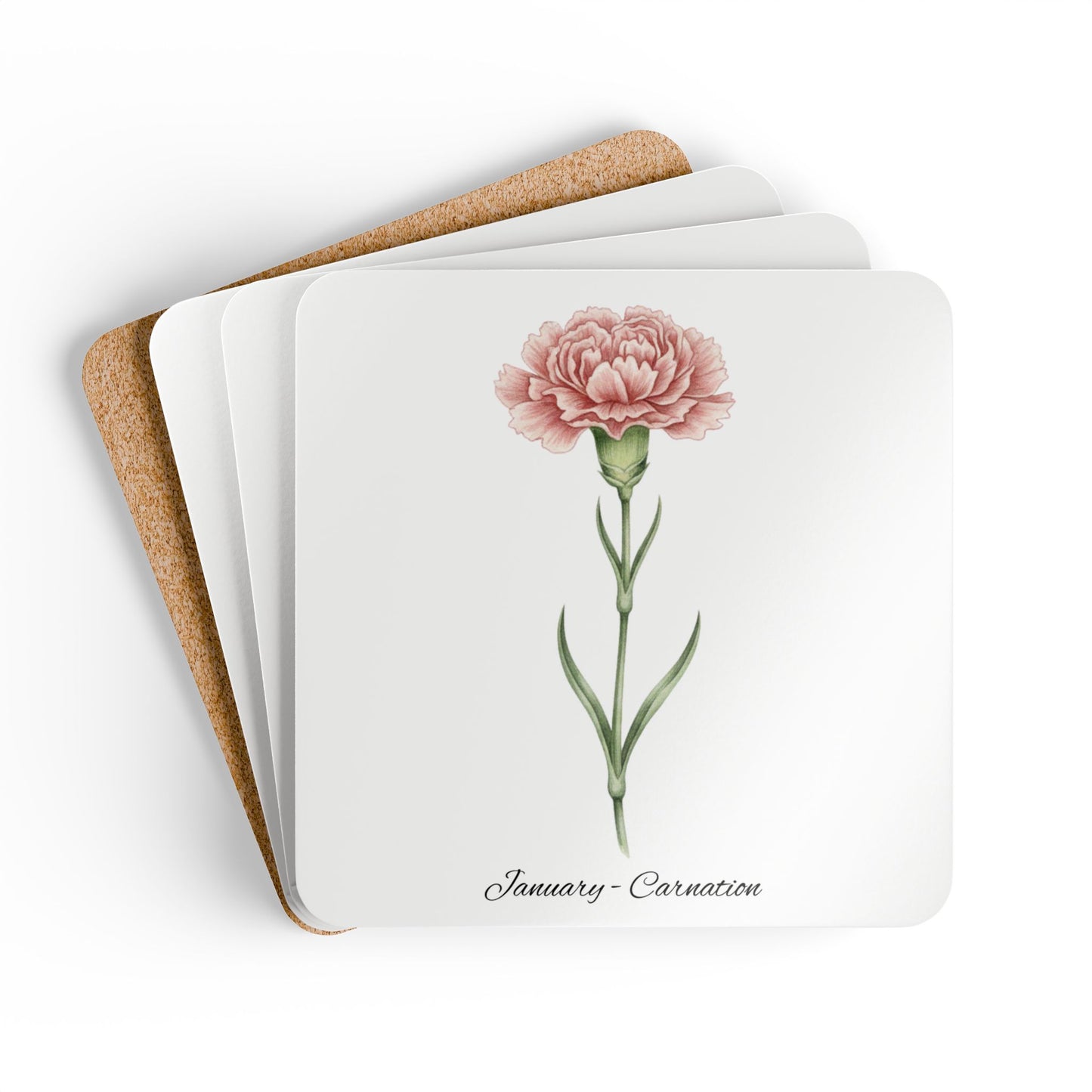 January Birth Flower Carnation Cork Coaster Set – Personalized Name Gift - 14693