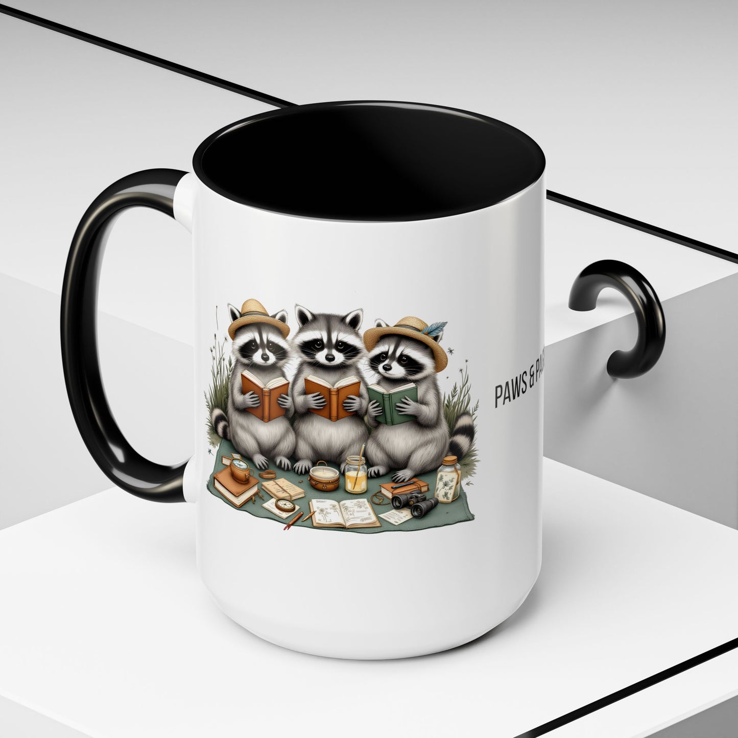 Paws & Pages Raccoon Reading Mug – Cute Book Lover Coffee Cup Gift (11oz / 15oz) - 14814