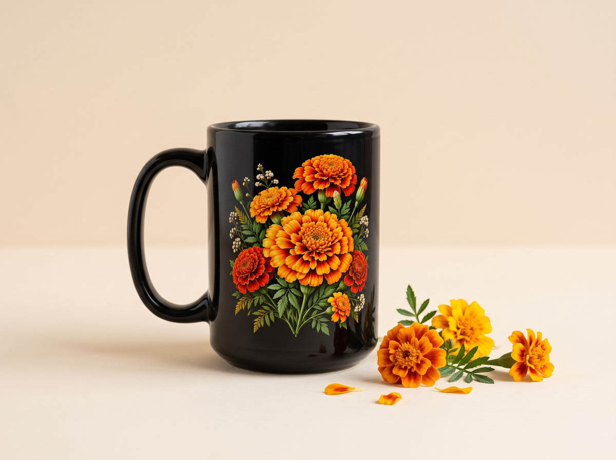Personalized October Marigold Black Mug, Custom Name Birth Flower Coffee Cup - 14977