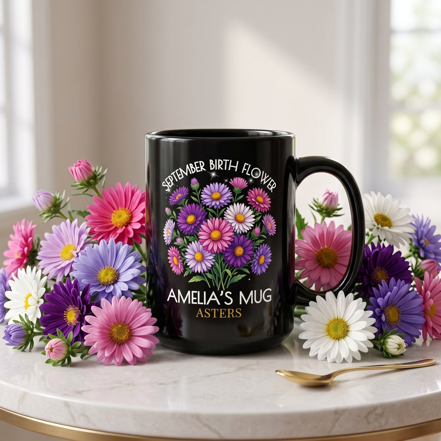 Personalized September Birth Flower Mug — Custom Name Aster Black Coffee Cup (11oz/15oz) - 14918