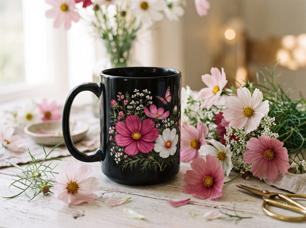 October Birth Flower Mug, Personalized Cosmos Black Coffee Cup - 14980