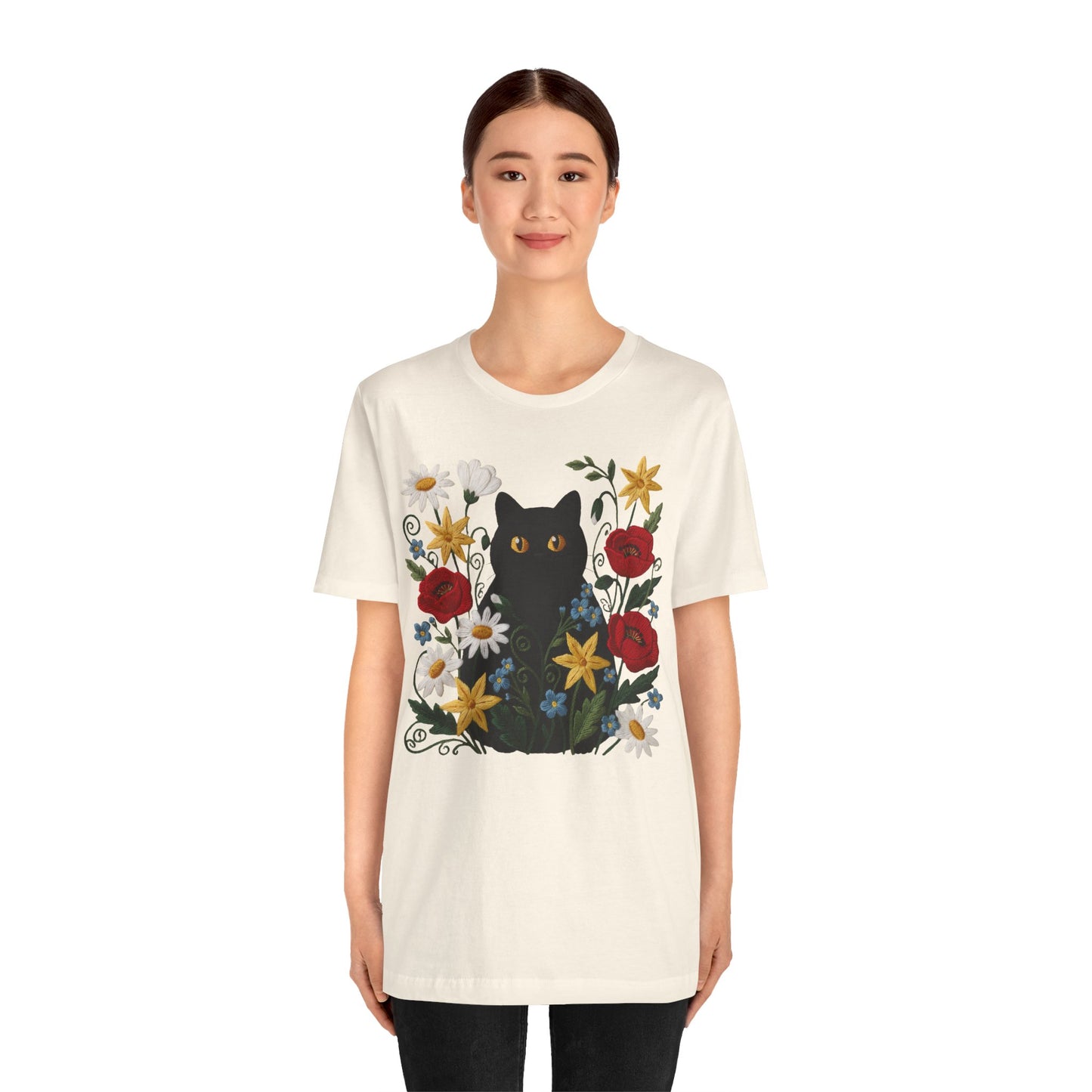 Black Cat in Wildflowers T-Shirt — Floral Cat Tee for Cat Lovers - 14921