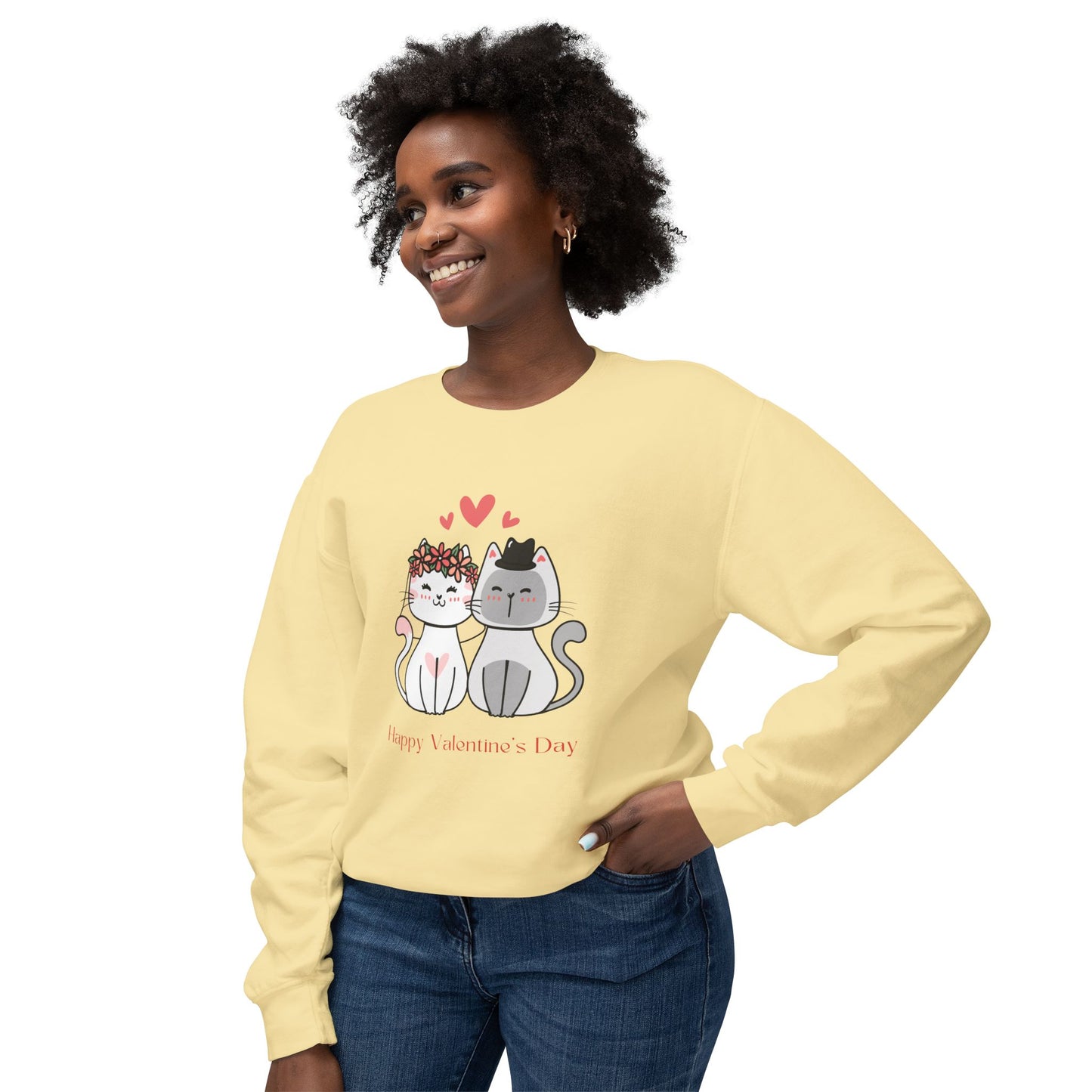 Two Cats, Happy Valentine's Day - Unisex Lightweight Crewneck Sweatshirt - 11387
