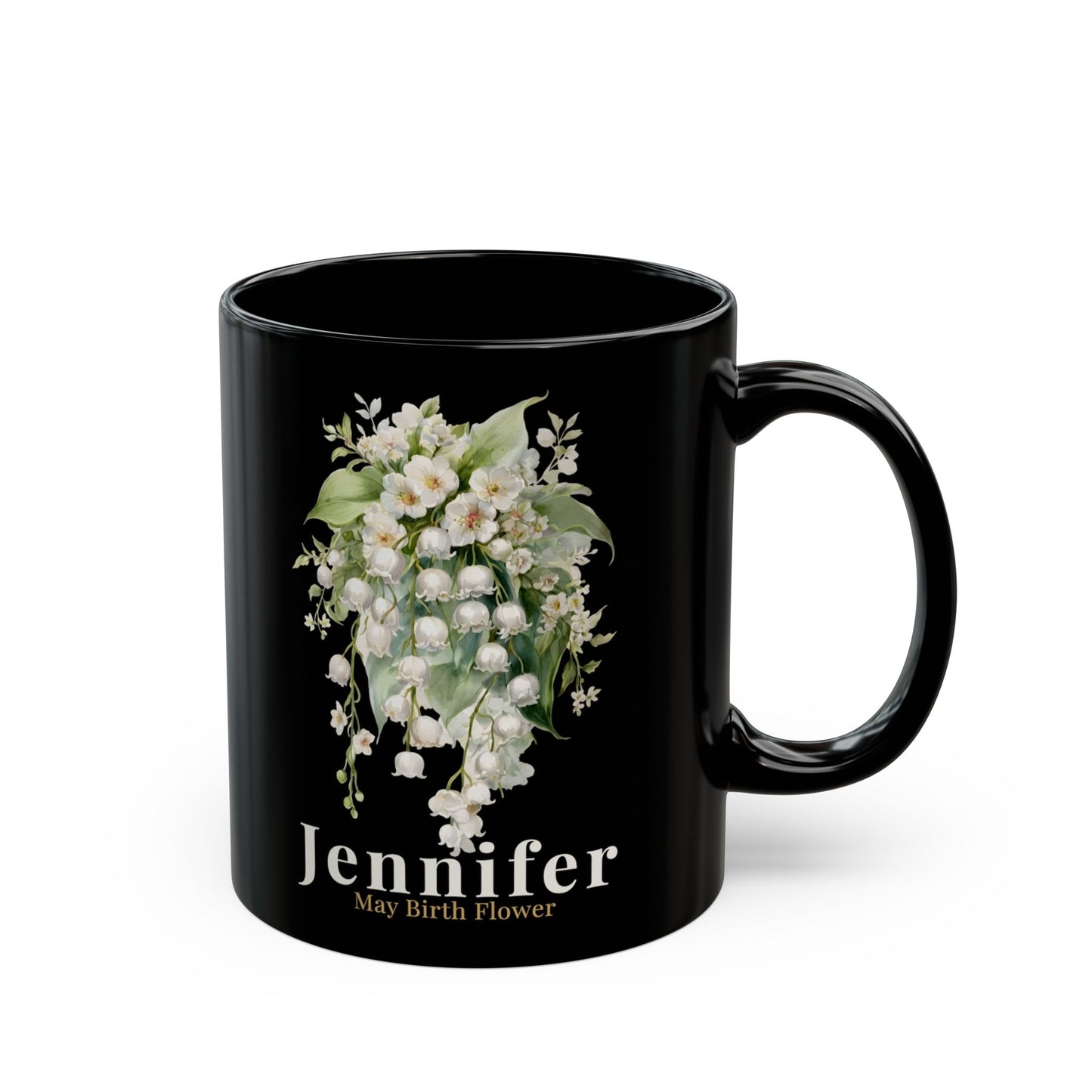 Custom Name May Birth Flower Mug – Lily of the Valley Personalized 15oz Black Mug Gift for Her - 14885