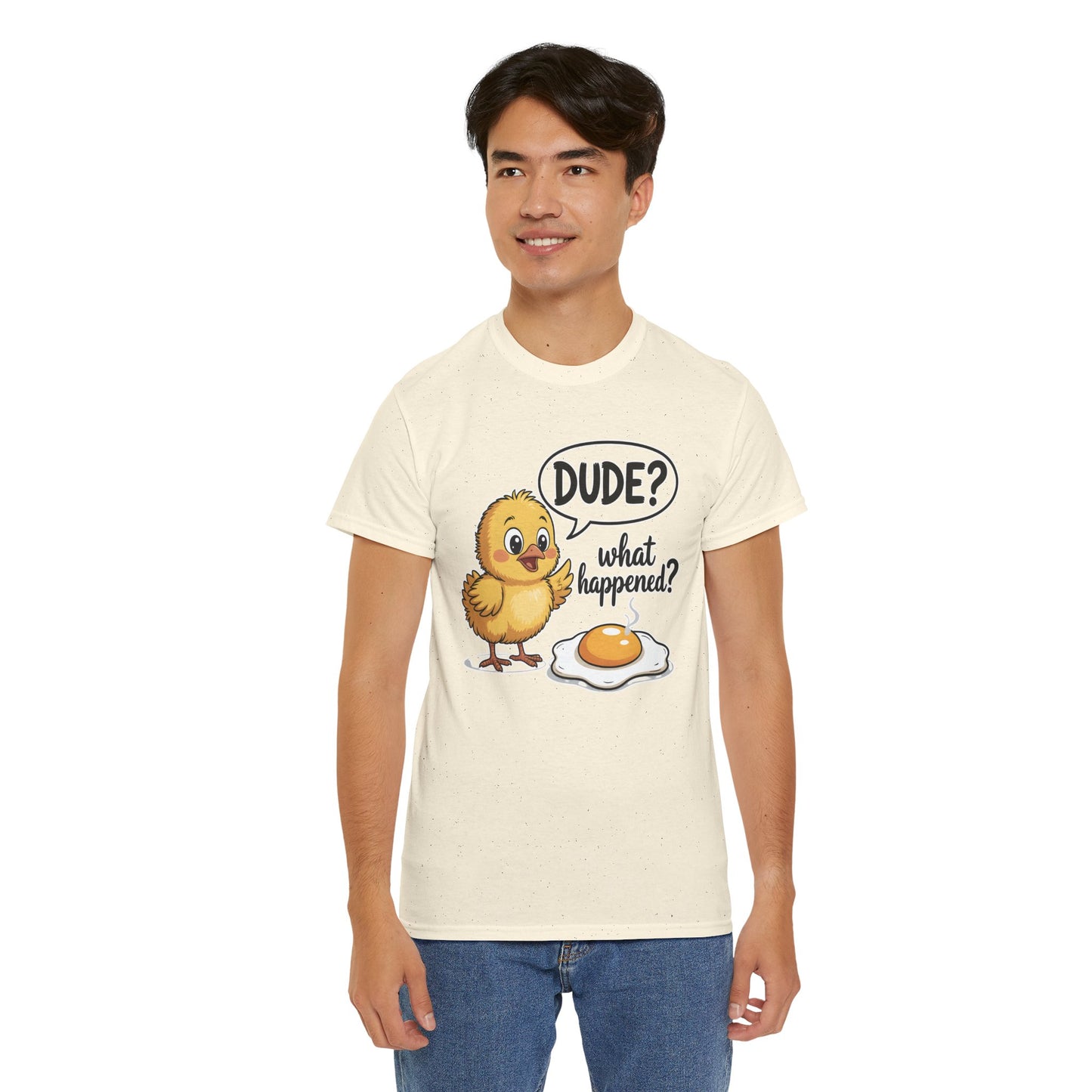 Funny Chicken T-Shirt – “Dude? What Happened?” Cute Chick & Egg Humor Tee Gift - 14849