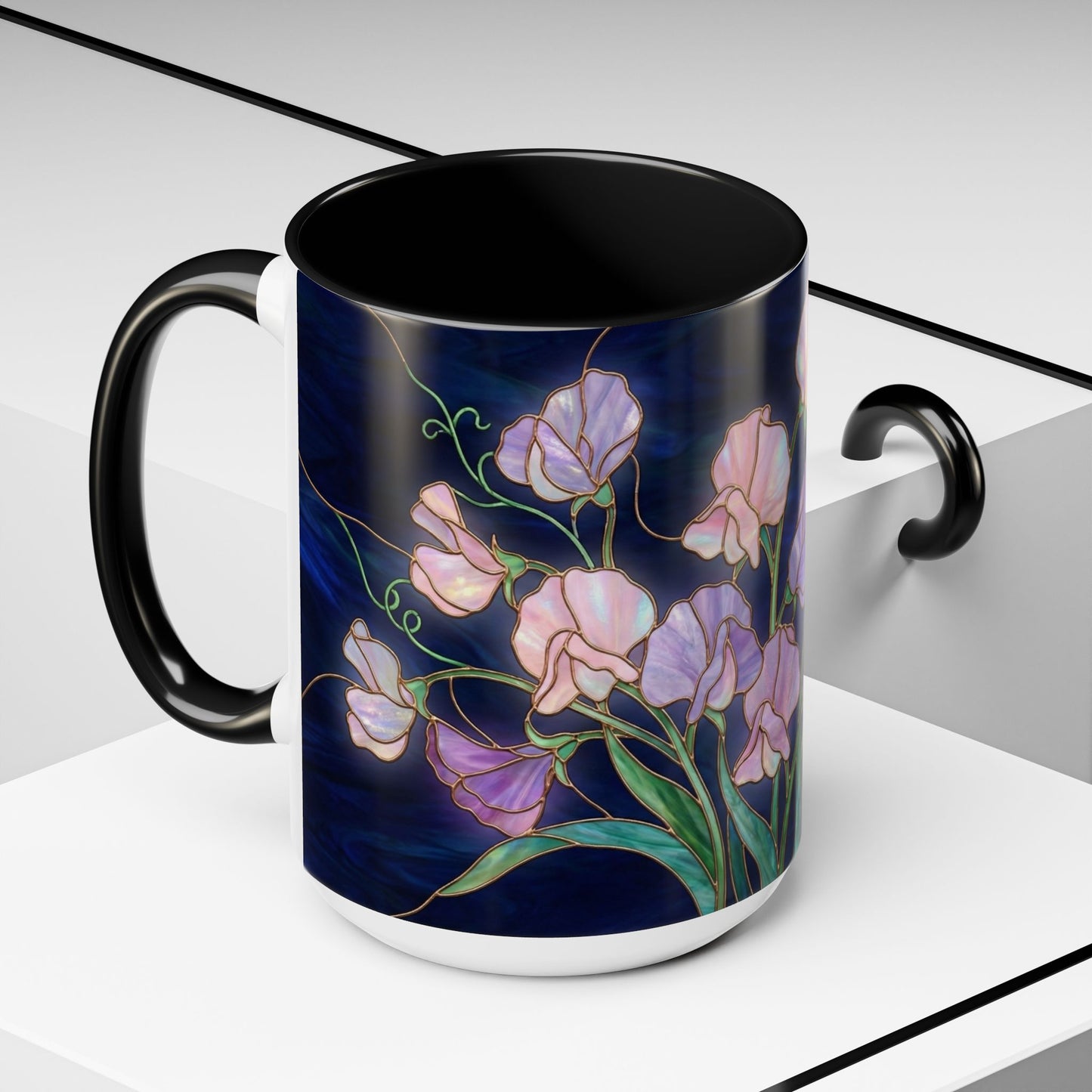 Sweet Pea Floral Accent Coffee Mug — Stained Glass Design 11/15oz - 14587