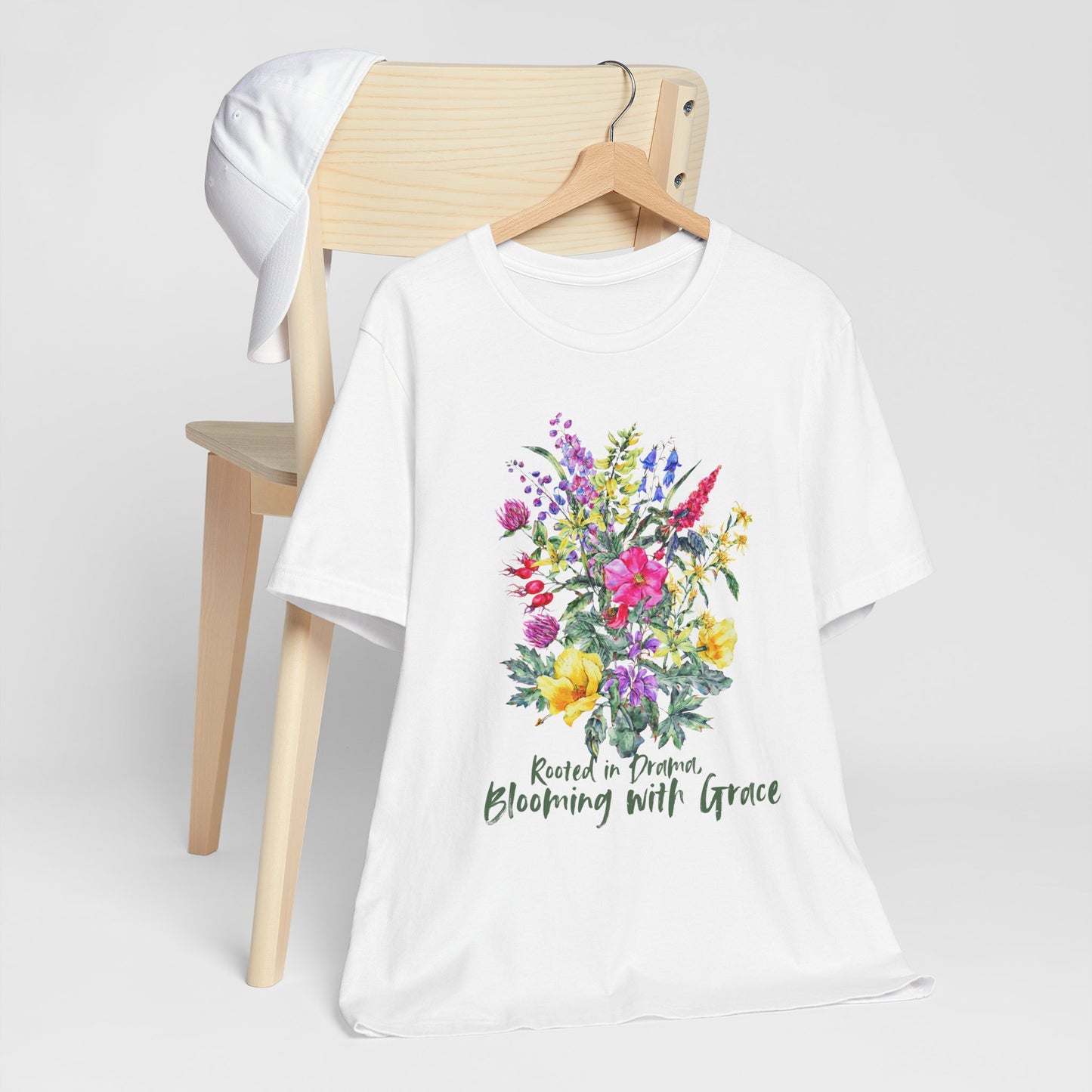 Blooming With Grace Floral T-Shirt, “Rooted in Drama” Watercolor Botanical Tee - 14965