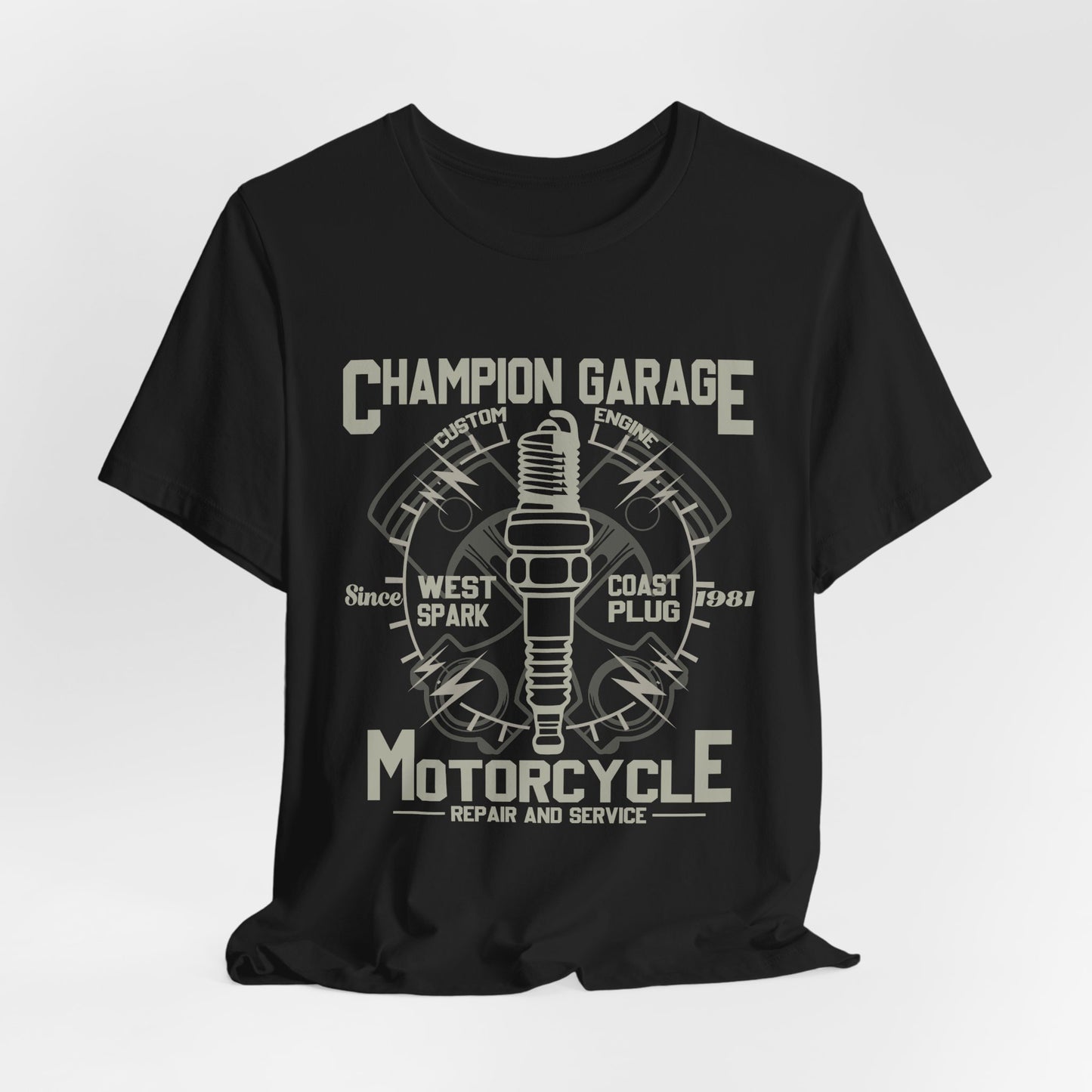 Champion Garage, Motorcycle Repair & Service - Unisex Jersey Short Sleeve Tee - 13371