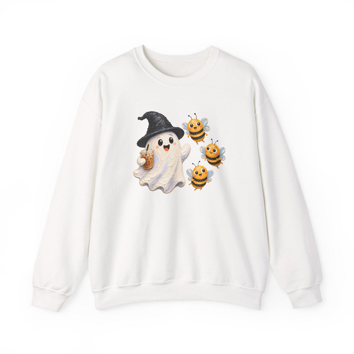 Cute Halloween Ghost & Bees Sweatshirt, Whimsical Witch Hat Crewneck - 14538