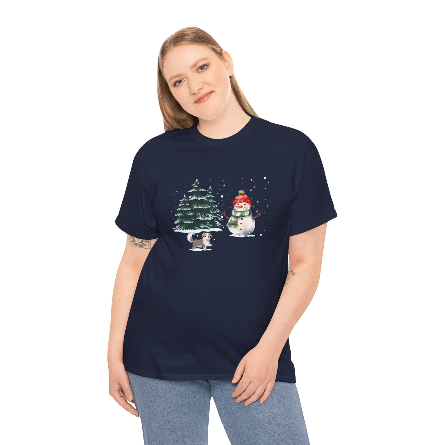 Winter Trees, Snowman & Puppy - Unisex Heavy Cotton Tee - 10278