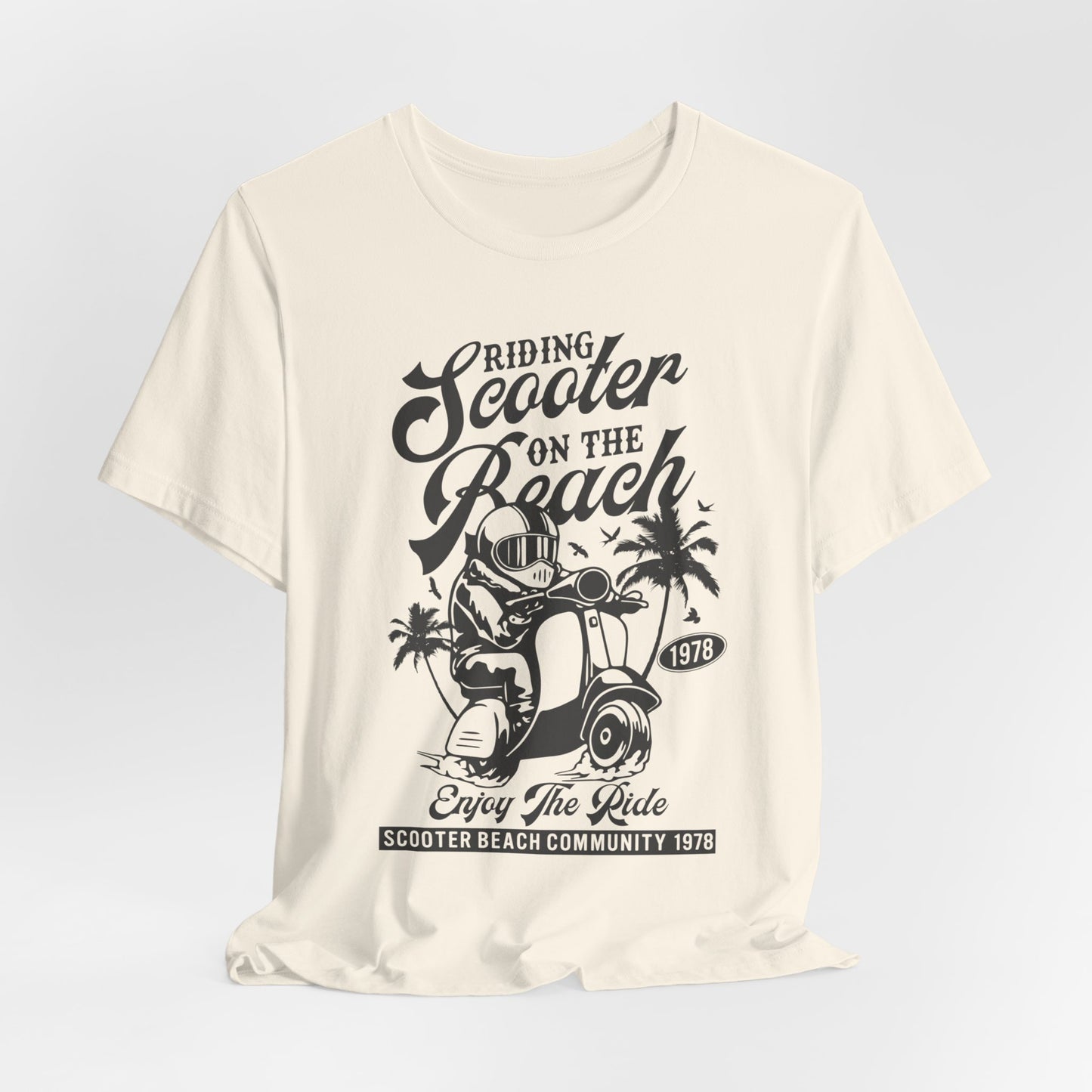 Riding Scooter on the Beach, Enjoy the Ride - Unisex Jersey Short Sleeve Tee